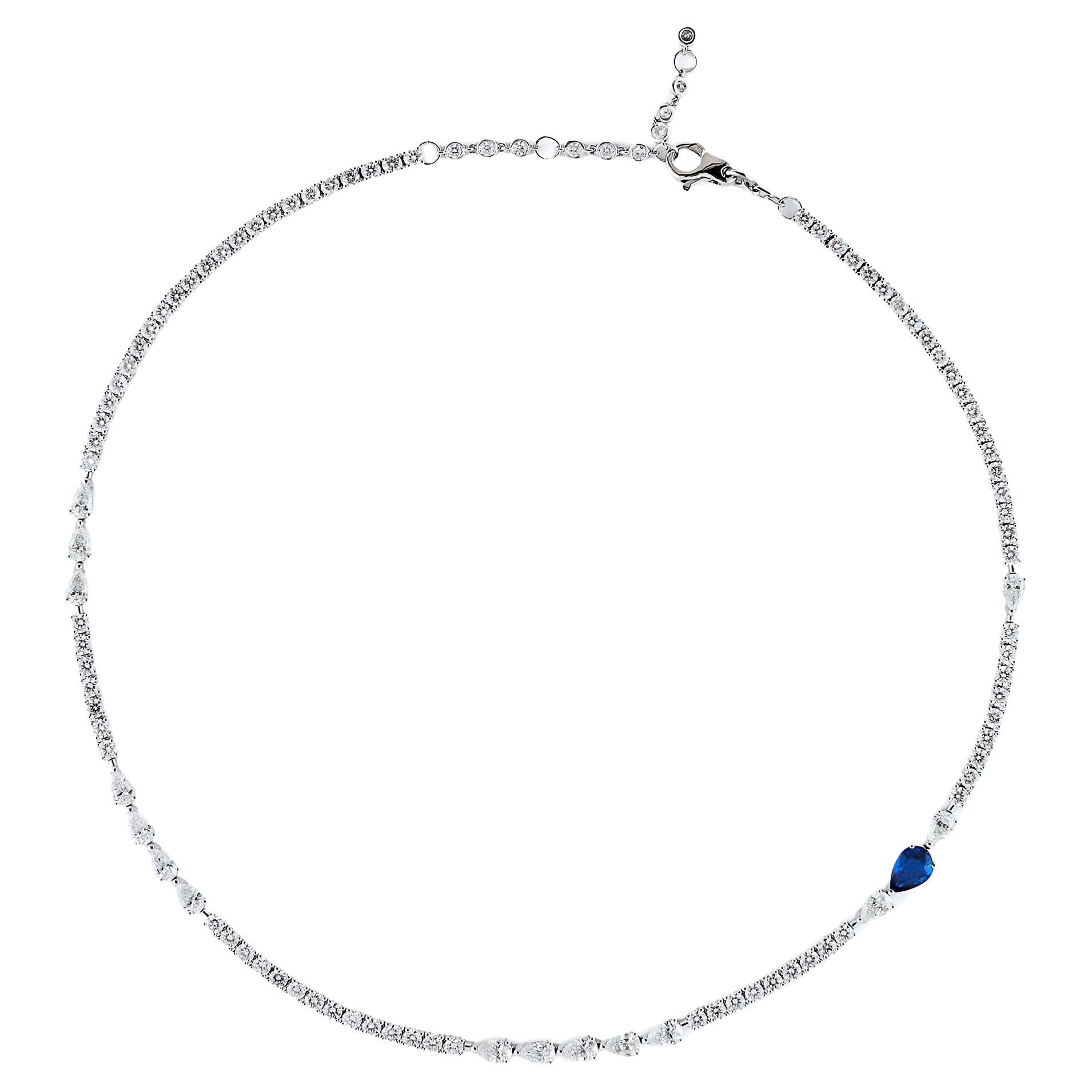 Diamond Tennis Necklace with Blue Sapphire Accent