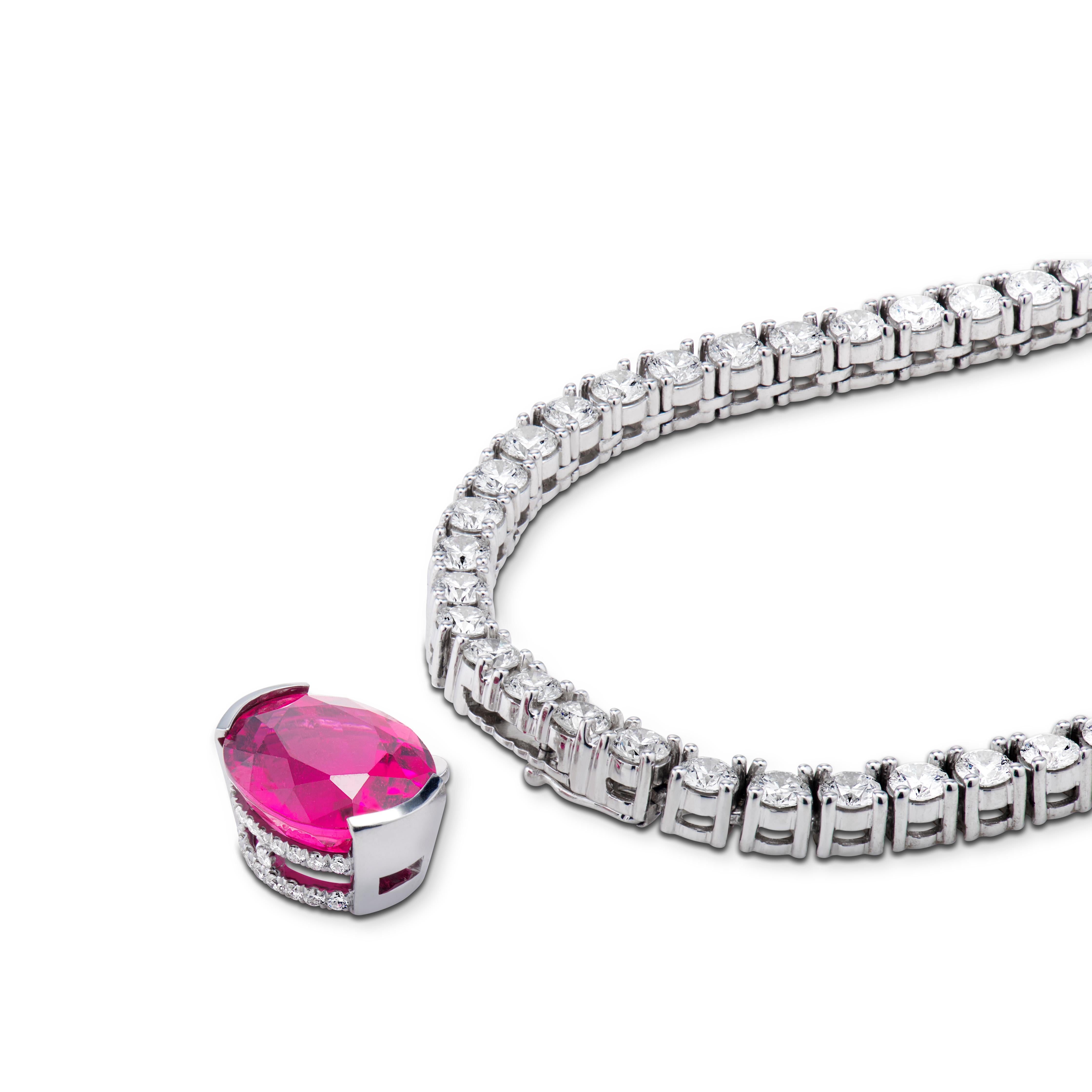 Modern Diamond Tennis Necklace with Detachable 4.11 Carat Rubellite Tourmaline Pendant For Sale