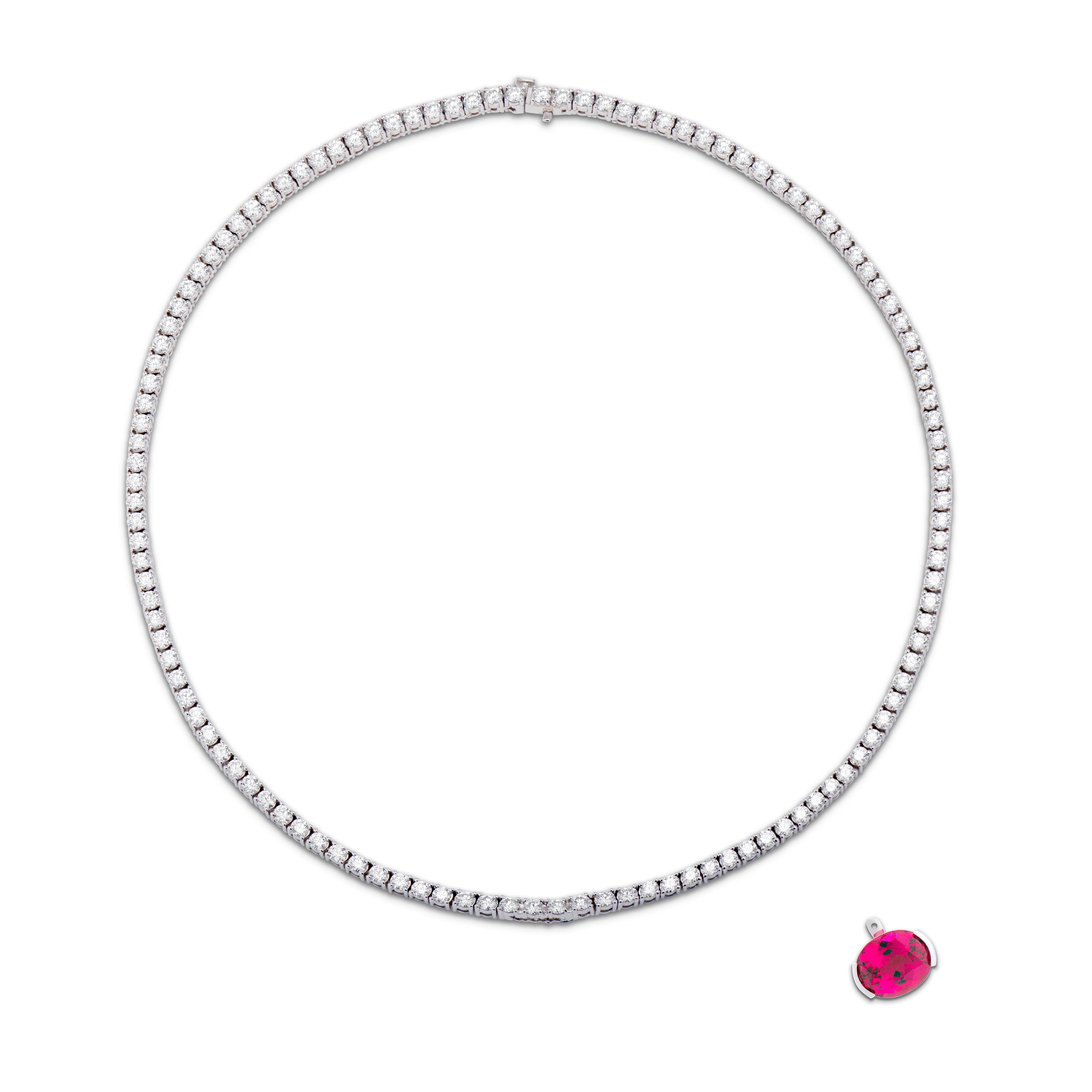 Oval Cut Diamond Tennis Necklace with Detachable 4.11 Carat Rubellite Tourmaline Pendant For Sale