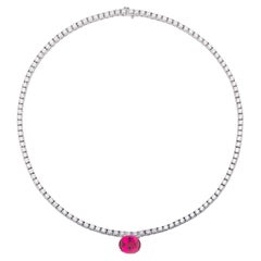 Diamond Tennis Necklace with Detachable 4.11 Carat Rubellite Tourmaline Pendant