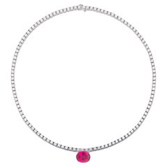 Collana Tennis con diamanti e ciondolo staccabile in tormalina rubellite da 4,11 carati