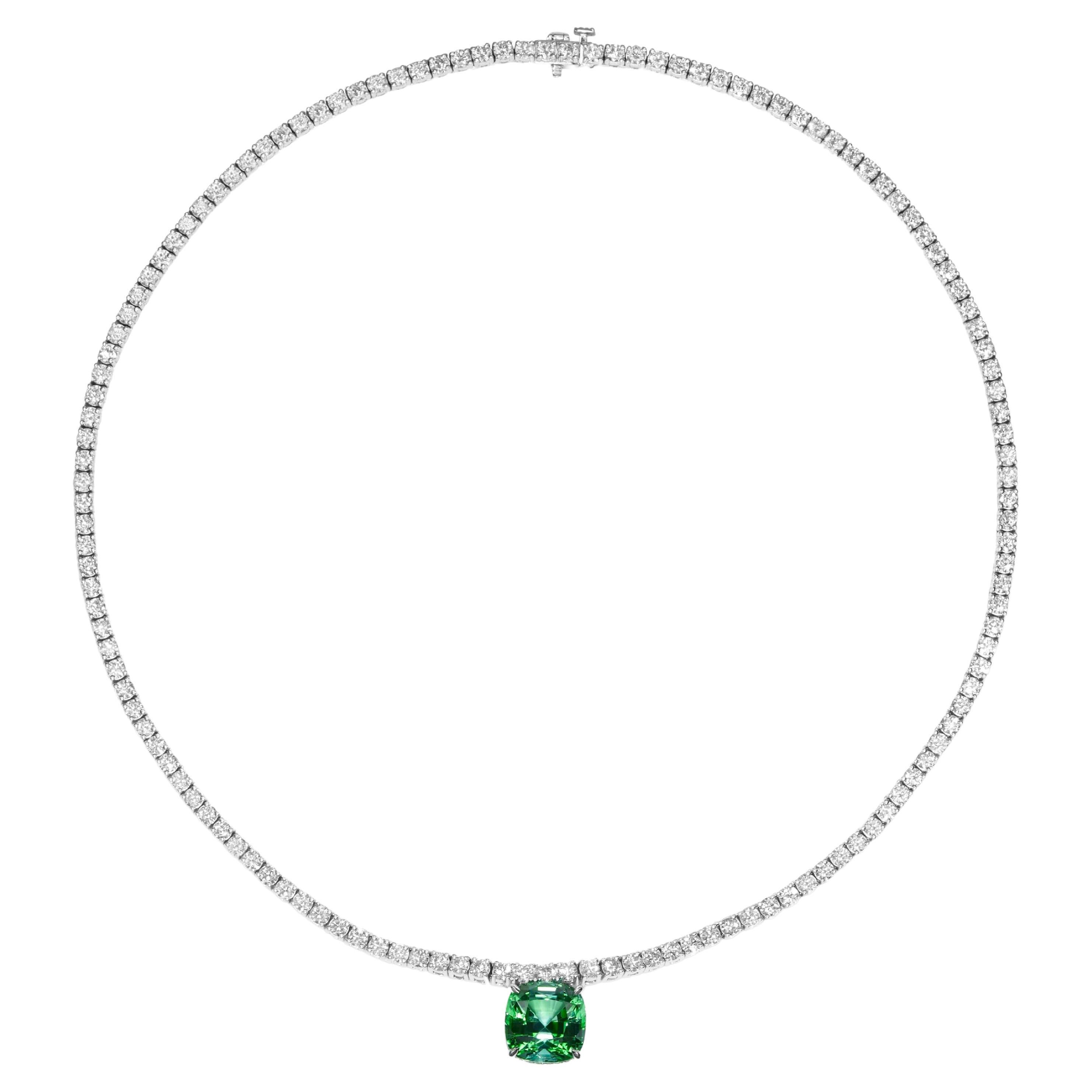 Collier tennis avec pendentif détachable en diamants et tourmaline verte de 7,61 carats