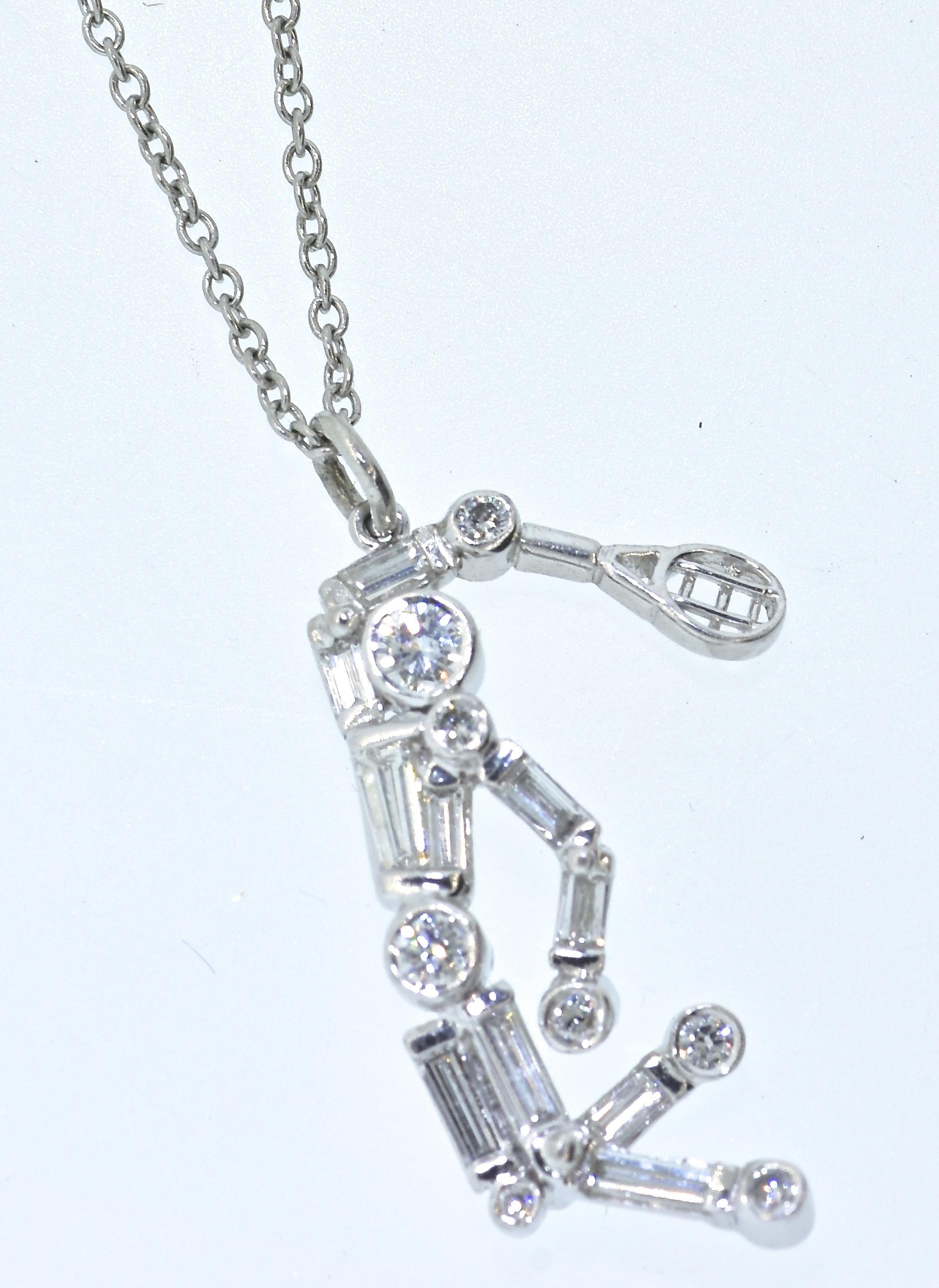 Platinum hand made tennis player with .98 cts of fancy cut fine white diamonds.  There are baguette cut diamonds, tapered baguettes and round modern brilliant cut diamonds.  All of these stones are colorless to near colorless (F/G) and very slightly
