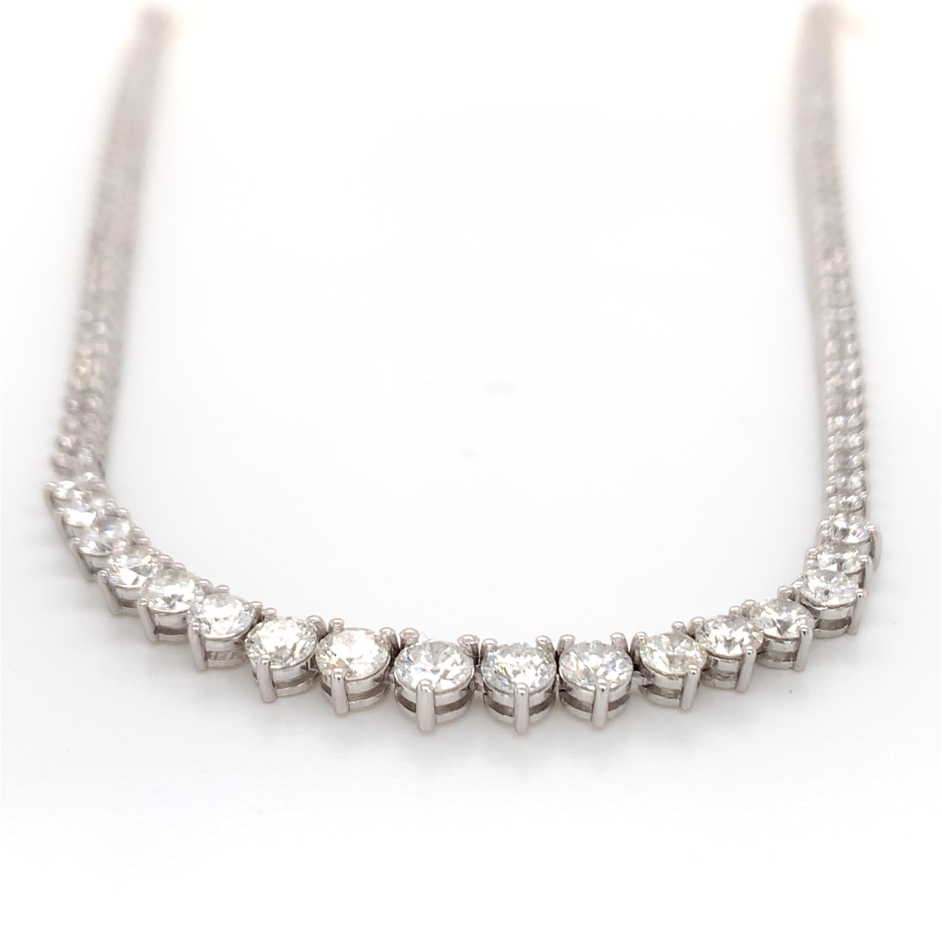 Diamond riviera necklace made with real/natural brilliant cut diamonds. Total Carat Weight: 5.05 carats. Diamond Quantity: 207 round diamonds. Color: G. Clarity: SI1. Mounted on 18 karat white gold.