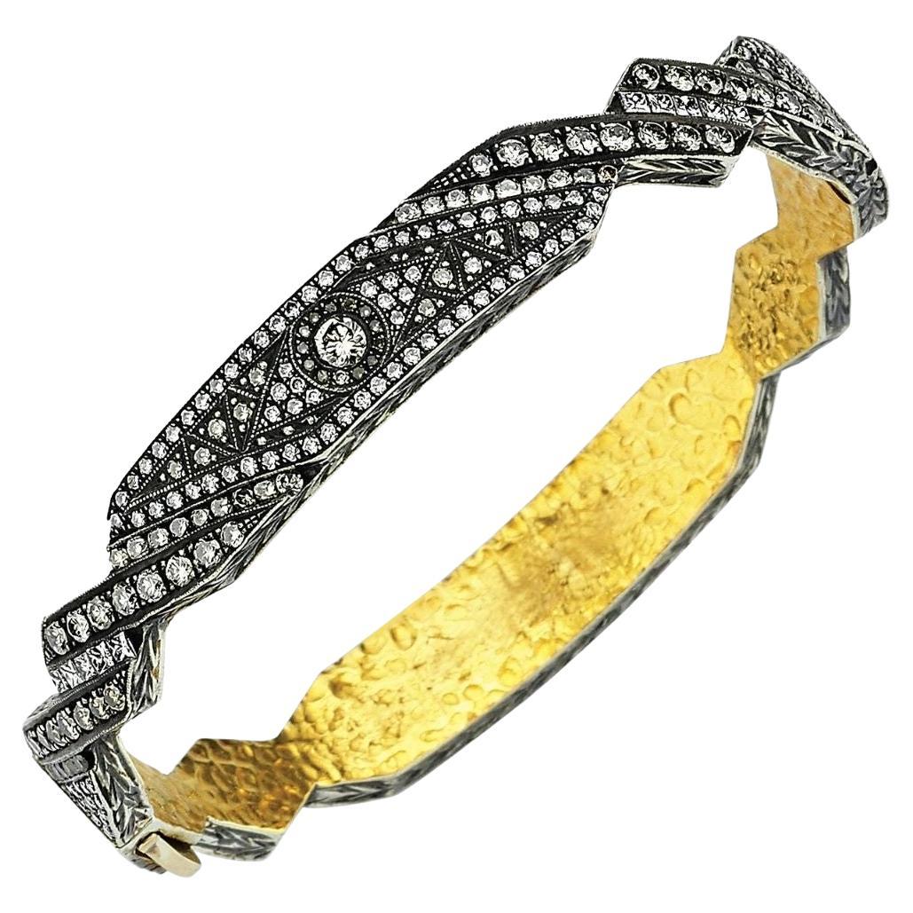 Tessellation Bangle in  Silver and 24k Gold with Pave Ruby and Diamonds For Sale