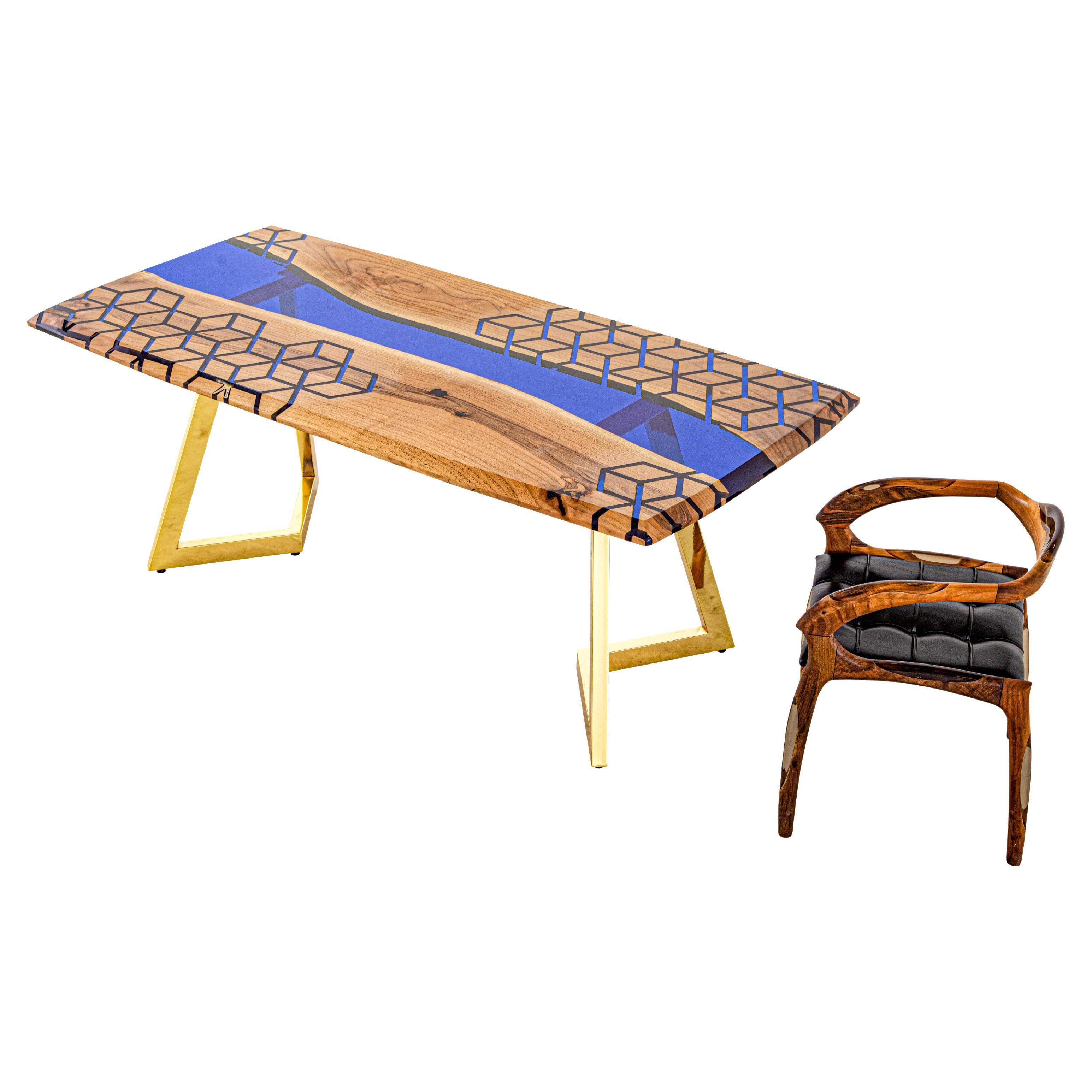 Arts and Crafts Deep Blue Epoxy Resin River Custom Wood Dining Table For Sale