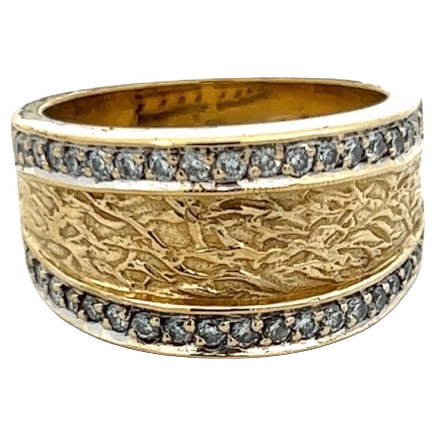Diamond Textured 18 Karat Yellow Gold Cigar Band Vintage Ring For Sale