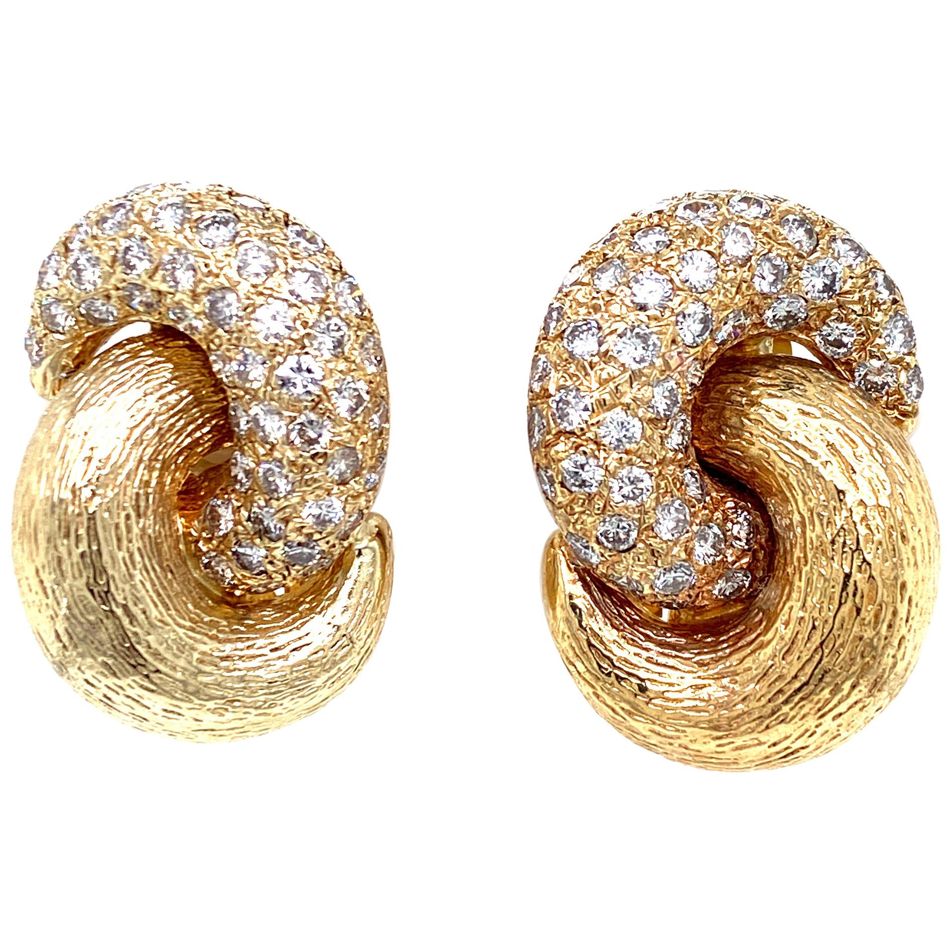 Diamond Textured Yellow Gold Knot Earrings