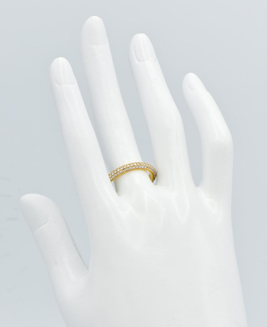 Round Cut Diamond Three-Row Curved Yellow Gold Band For Sale