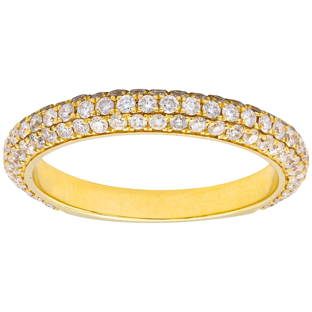 Diamond Three-Row Curved Yellow Gold Band For Sale