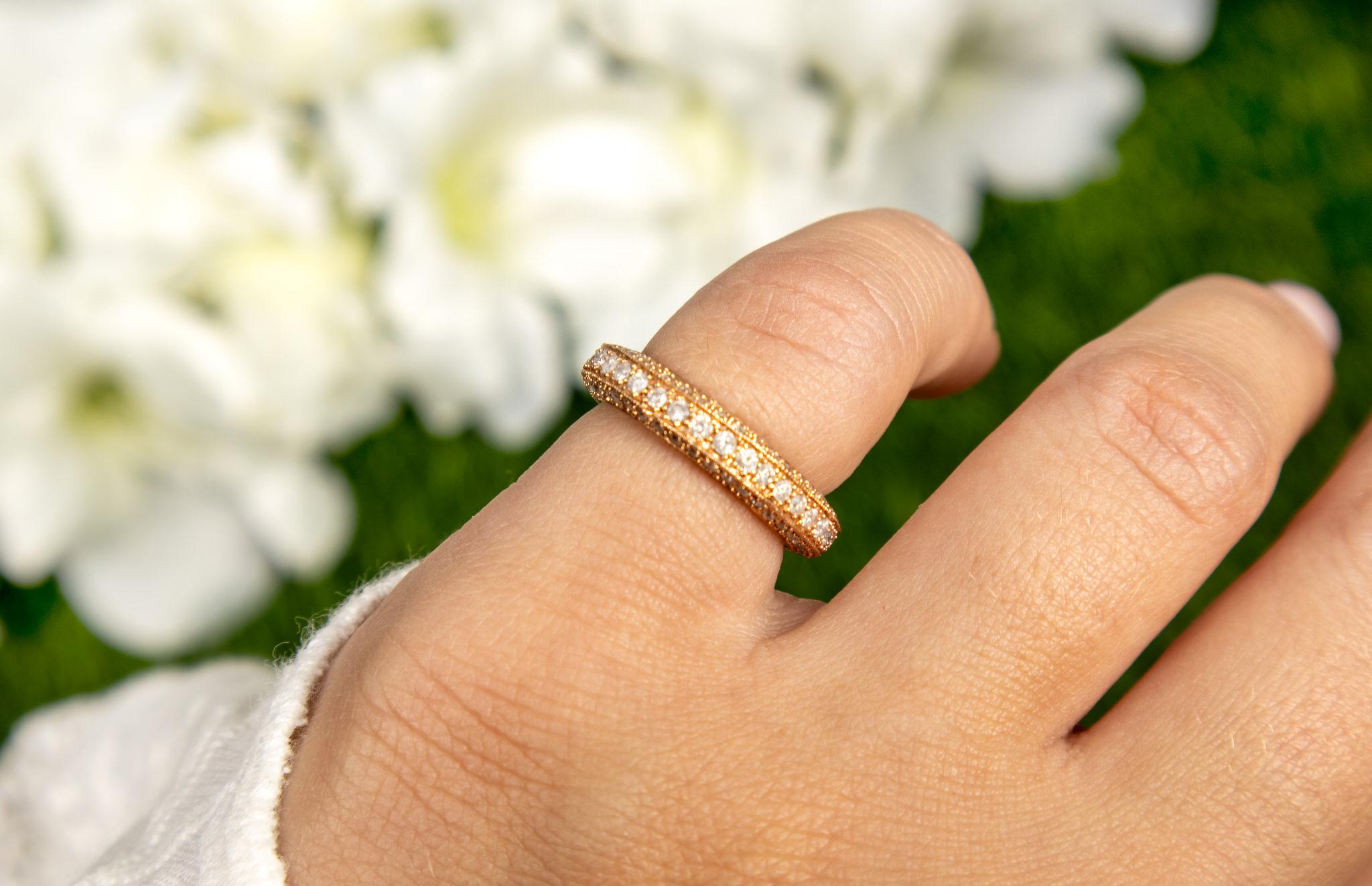 Contemporary Diamond Three Row Eternity Band Ring 14K Rose Gold For Sale