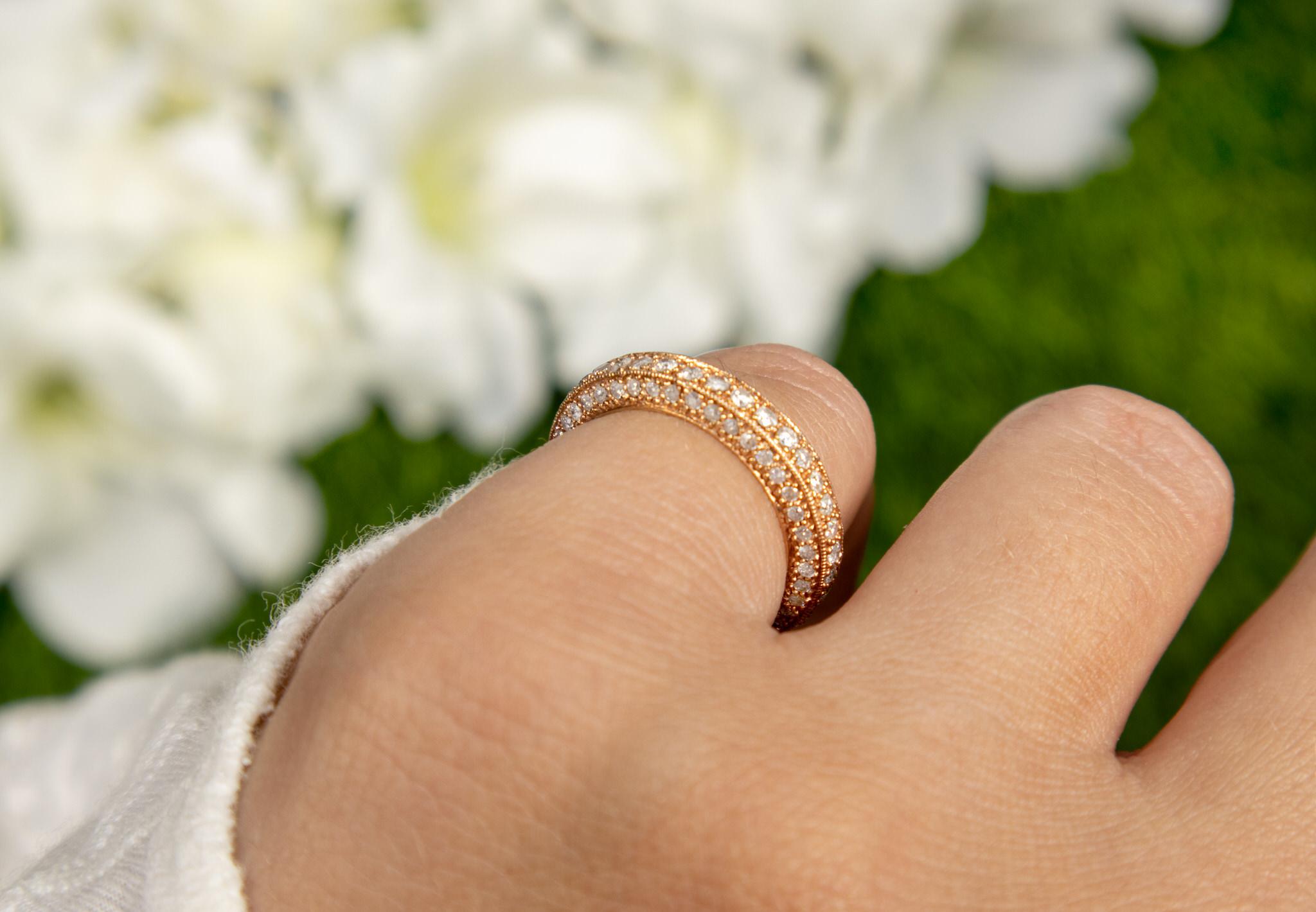 Round Cut Diamond Three Row Eternity Band Ring 14K Rose Gold For Sale