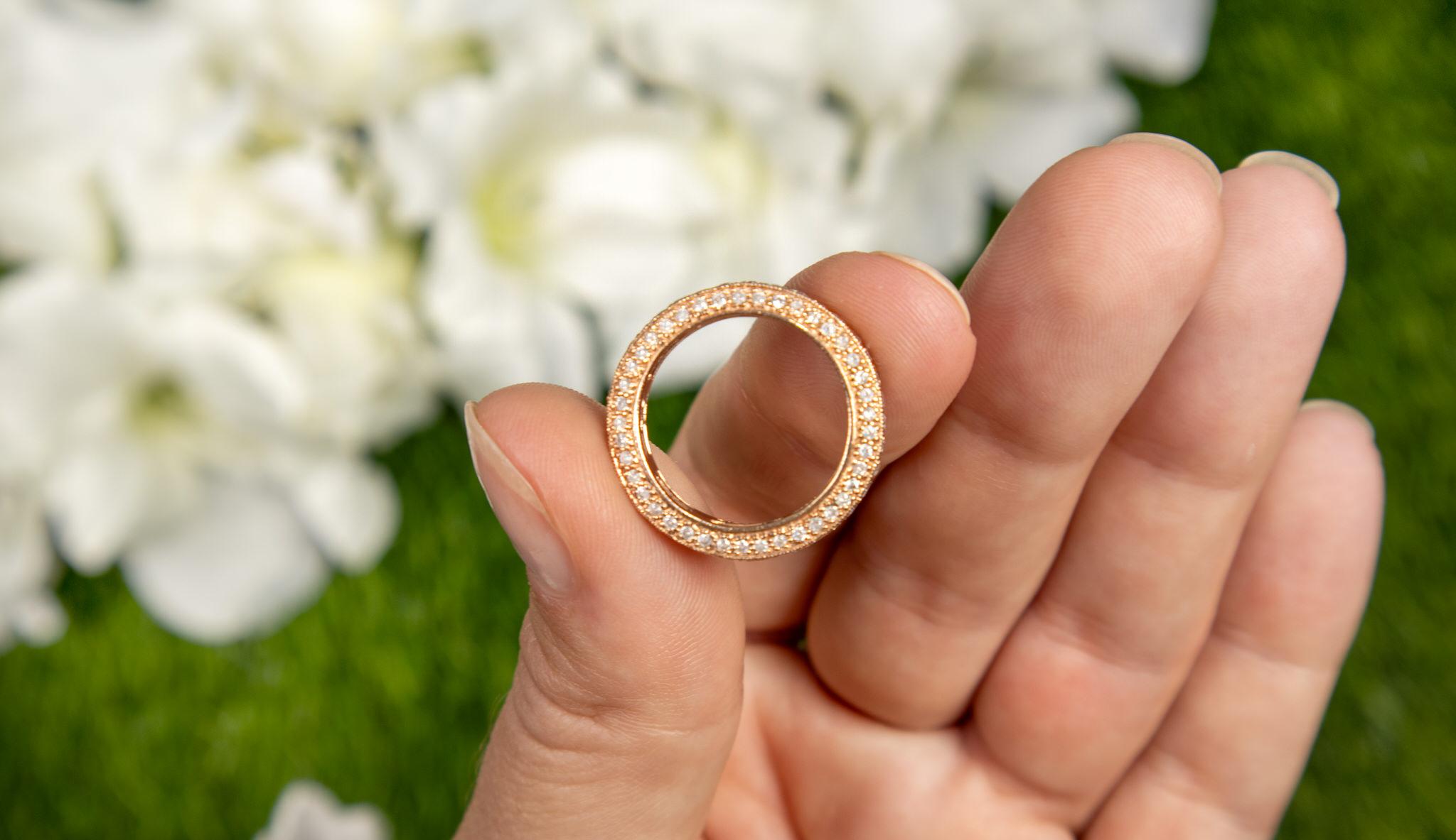 Diamond Three Row Eternity Band Ring 14K Rose Gold In Excellent Condition For Sale In Aliso Viejo, CA