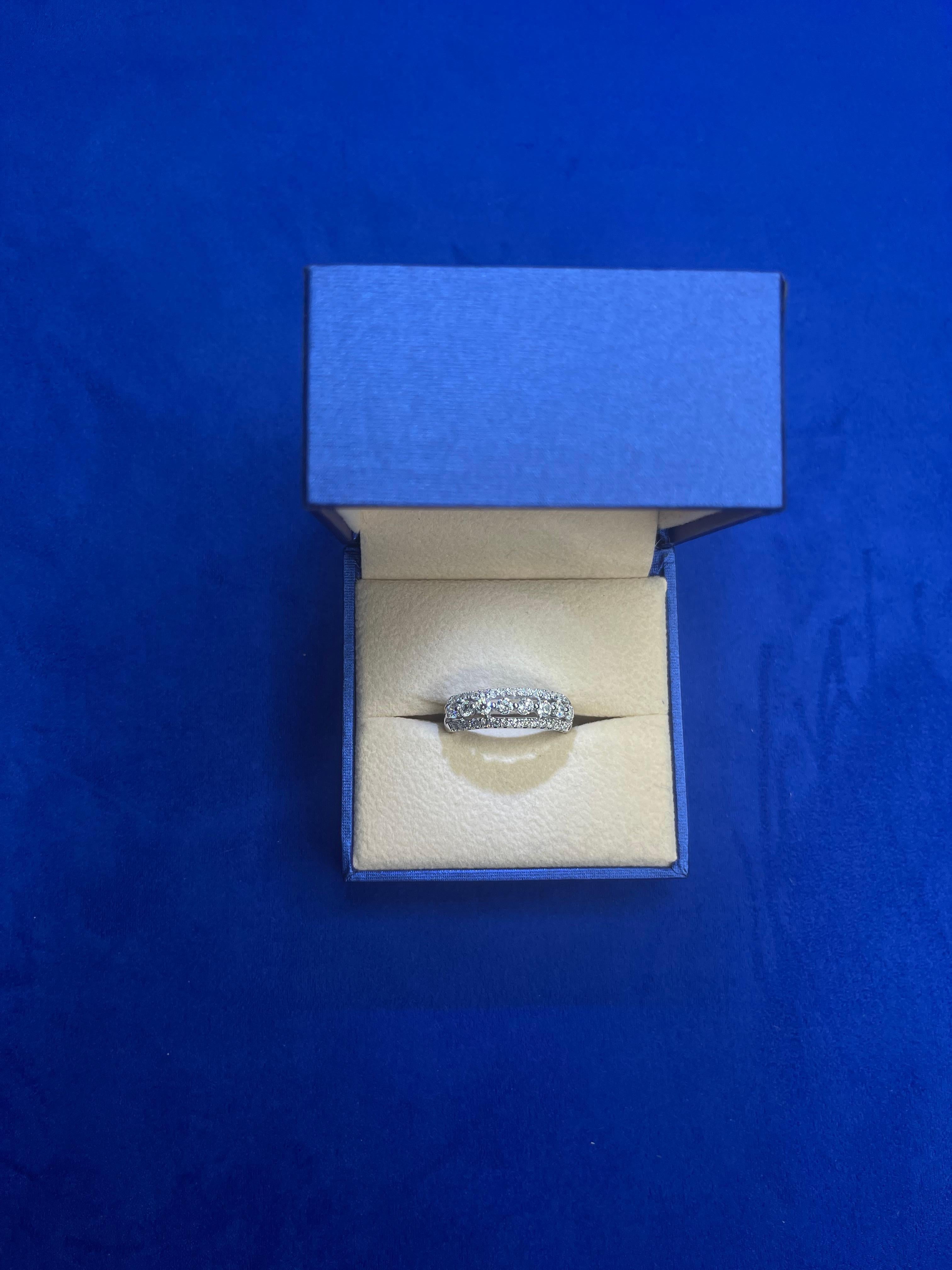 Women's or Men's Diamond Three Row Pave Cocktail Fashion Wedding Band 14 Karat White Gold Ring For Sale