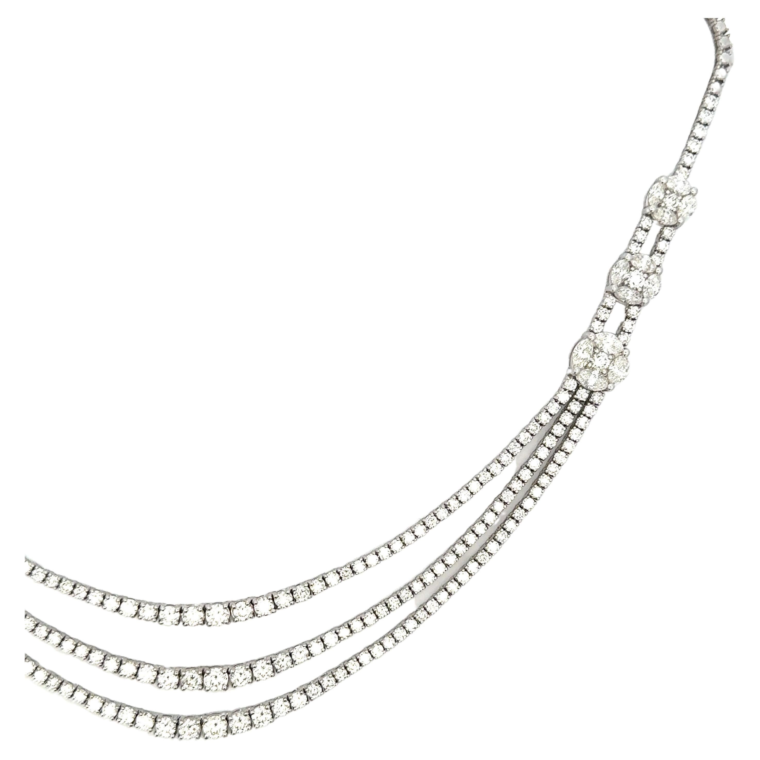 Diamond Three Row Riviere Cluster Necklace 17.50 Carats 18 Karat White Gold H-VS For Sale 1