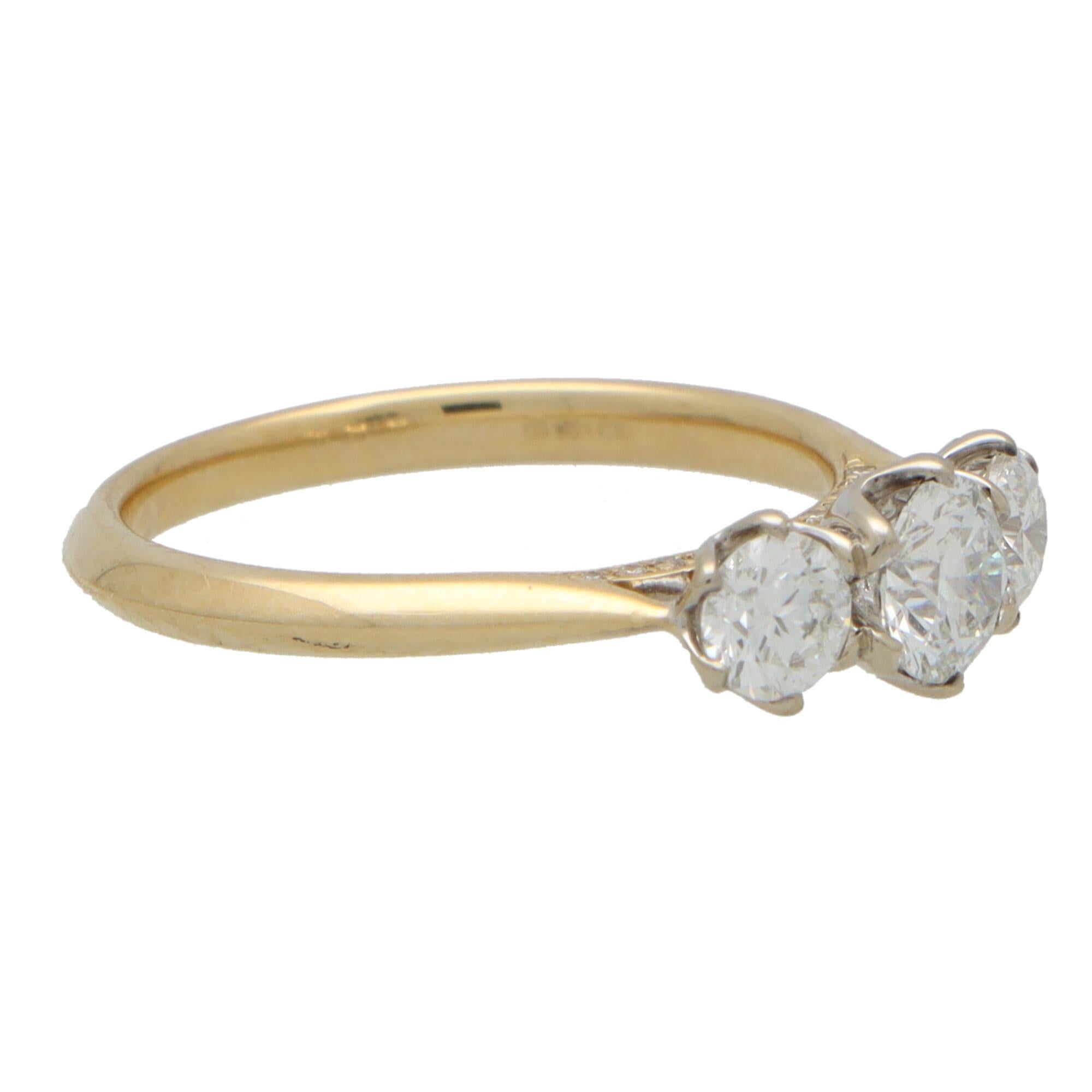 Modern Diamond Three Stone Ring with Diamond Shank in 18k Yellow Gold For Sale