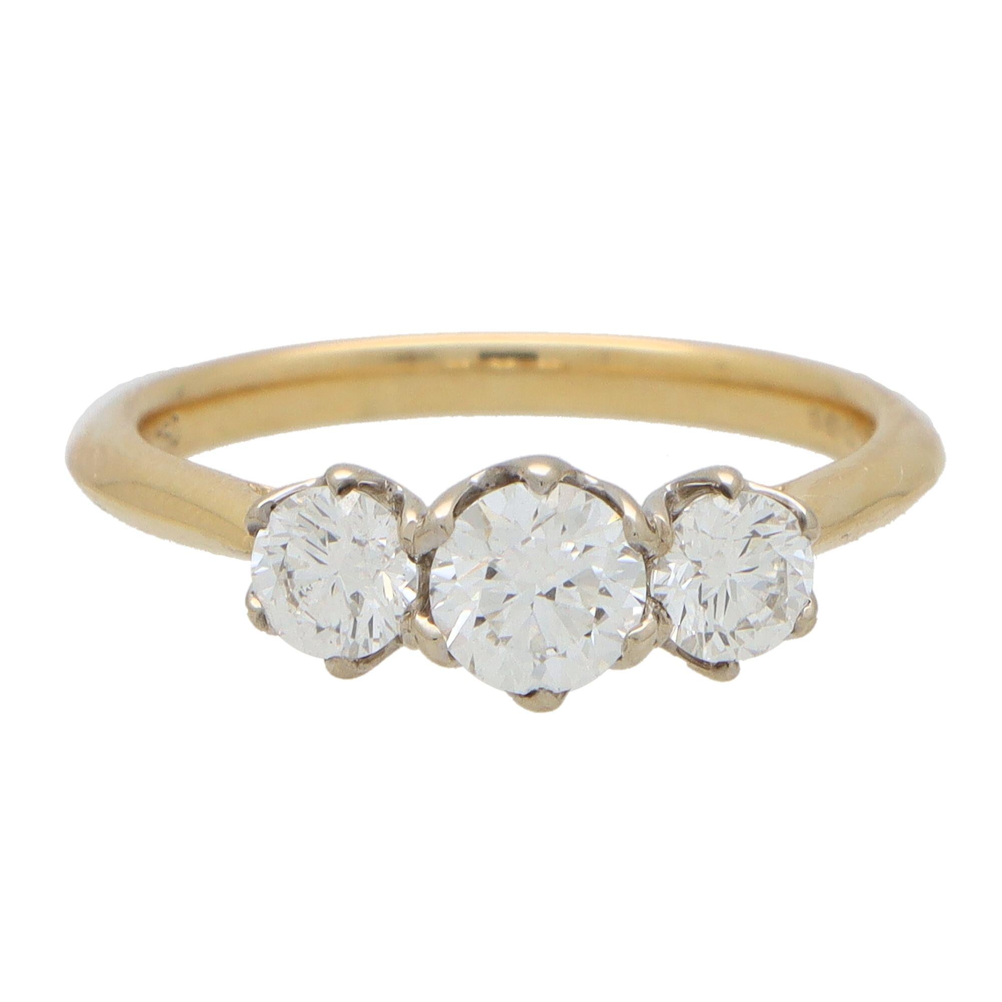 Round Cut Diamond Three Stone Ring with Diamond Shank in 18k Yellow Gold For Sale