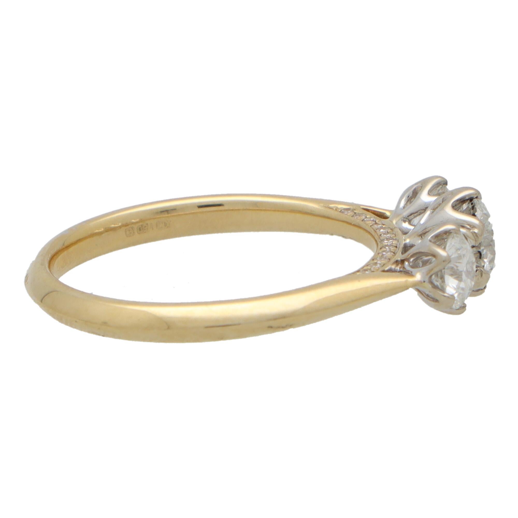 Diamond Three Stone Ring with Diamond Shank in 18k Yellow Gold In New Condition For Sale In London, GB