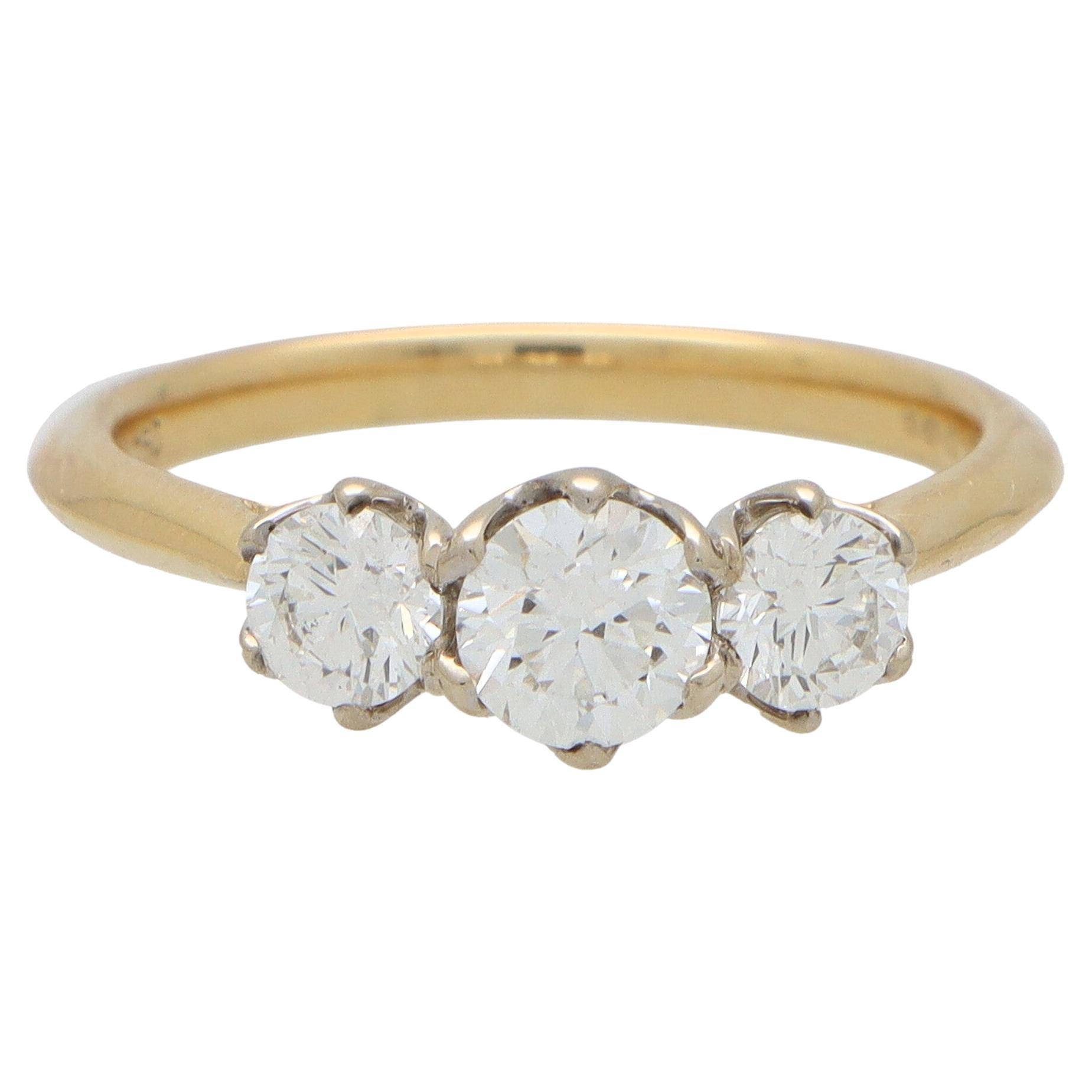 Diamond Three Stone Ring with Diamond Shank in 18k Yellow Gold For Sale