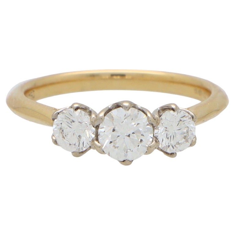 Diamond Three Stone Ring with Diamond Shank in 18k Yellow Gold For Sale ...