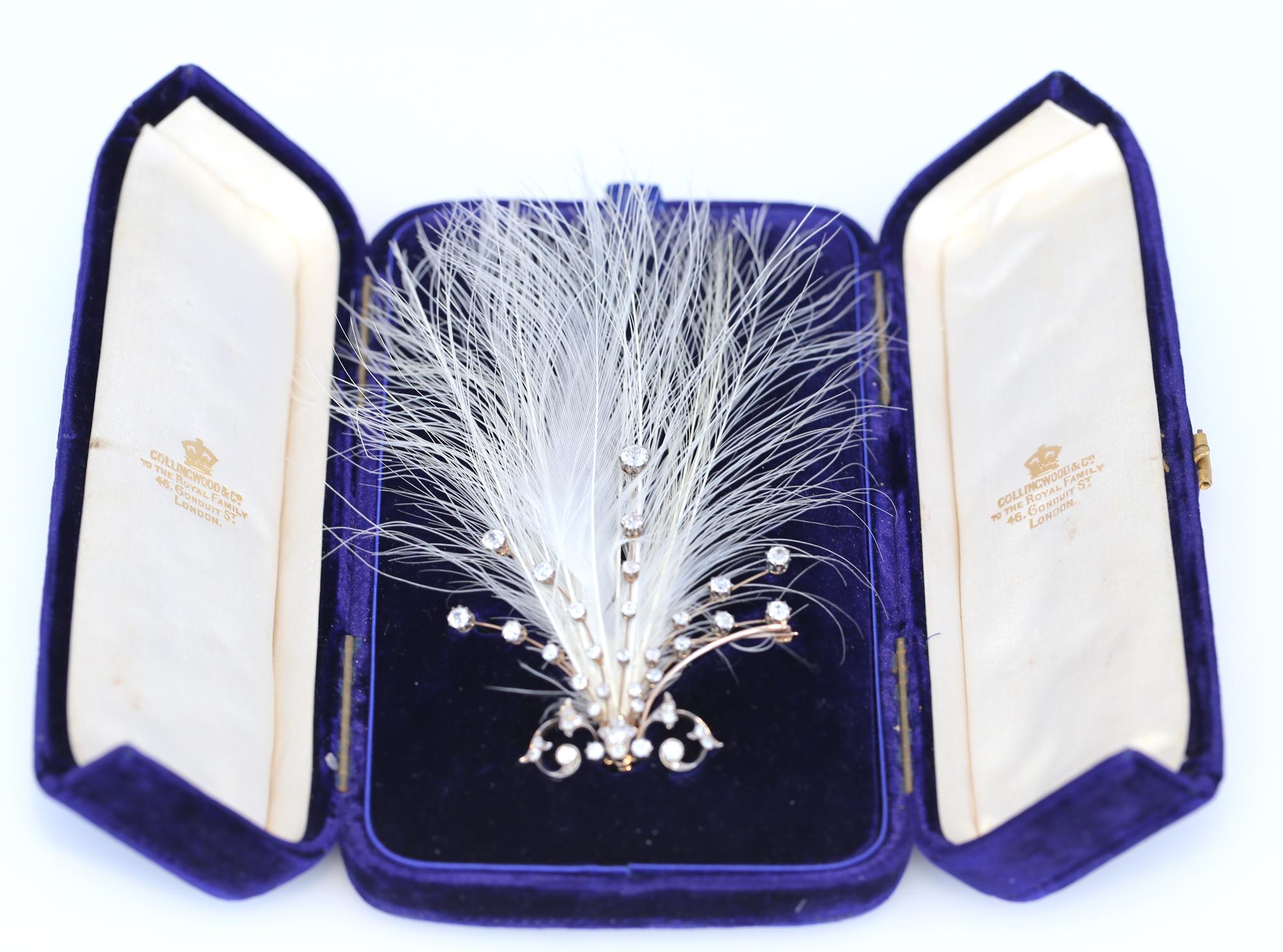 A highly collectable and fine item that can still be worn for special occasions
Detachable brooch, tiara, and comb fitted in an original box stamped Collingwood & Co. Of spray design, set with circular-cut diamonds, holding a plume of white egret