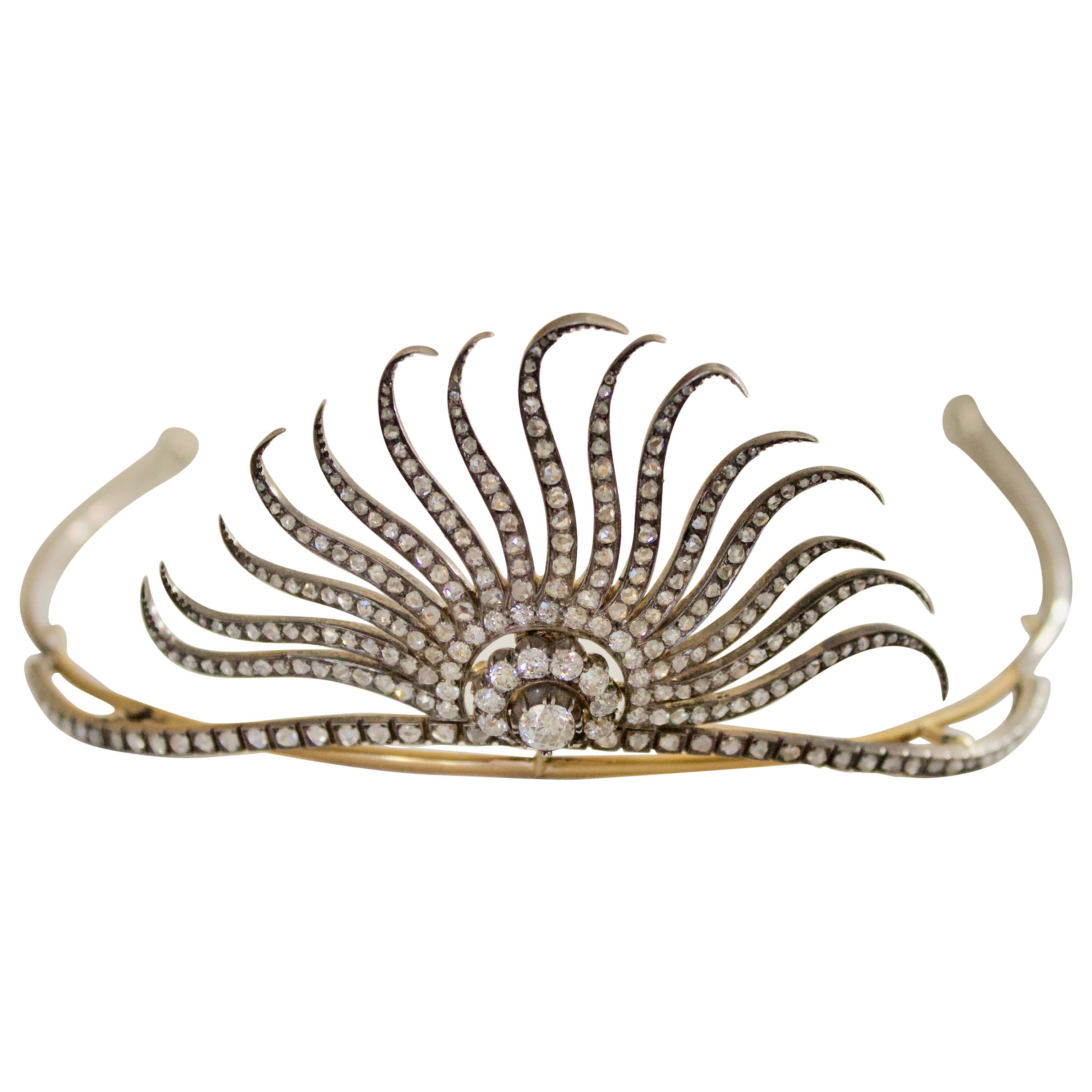 Diamond Tiara in Yellow Gold and Silver 7.10 Carat circa 1890 for Royalty Only