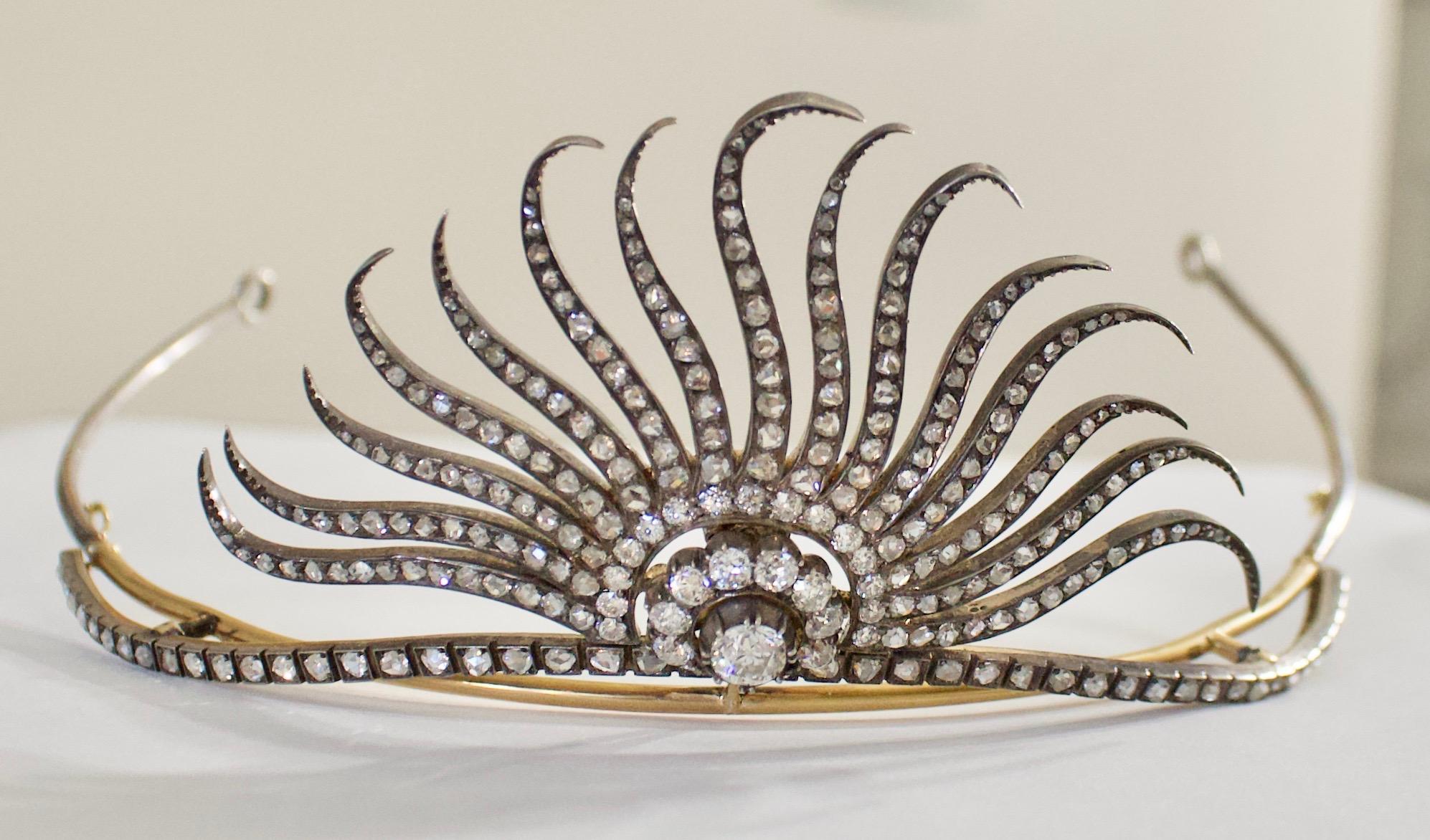 Diamond Tiara in Yellow Gold and Silver and Metal  7.10 Carats Circa 1890 For Royalty Only
Once You Have Stated You Are Royalty This Amazing Tiara Can Be Yours
One Old Mine Cut Cut Diamond Weighing .95 Carats Approximately 
Eight Old Mine Cut Cut