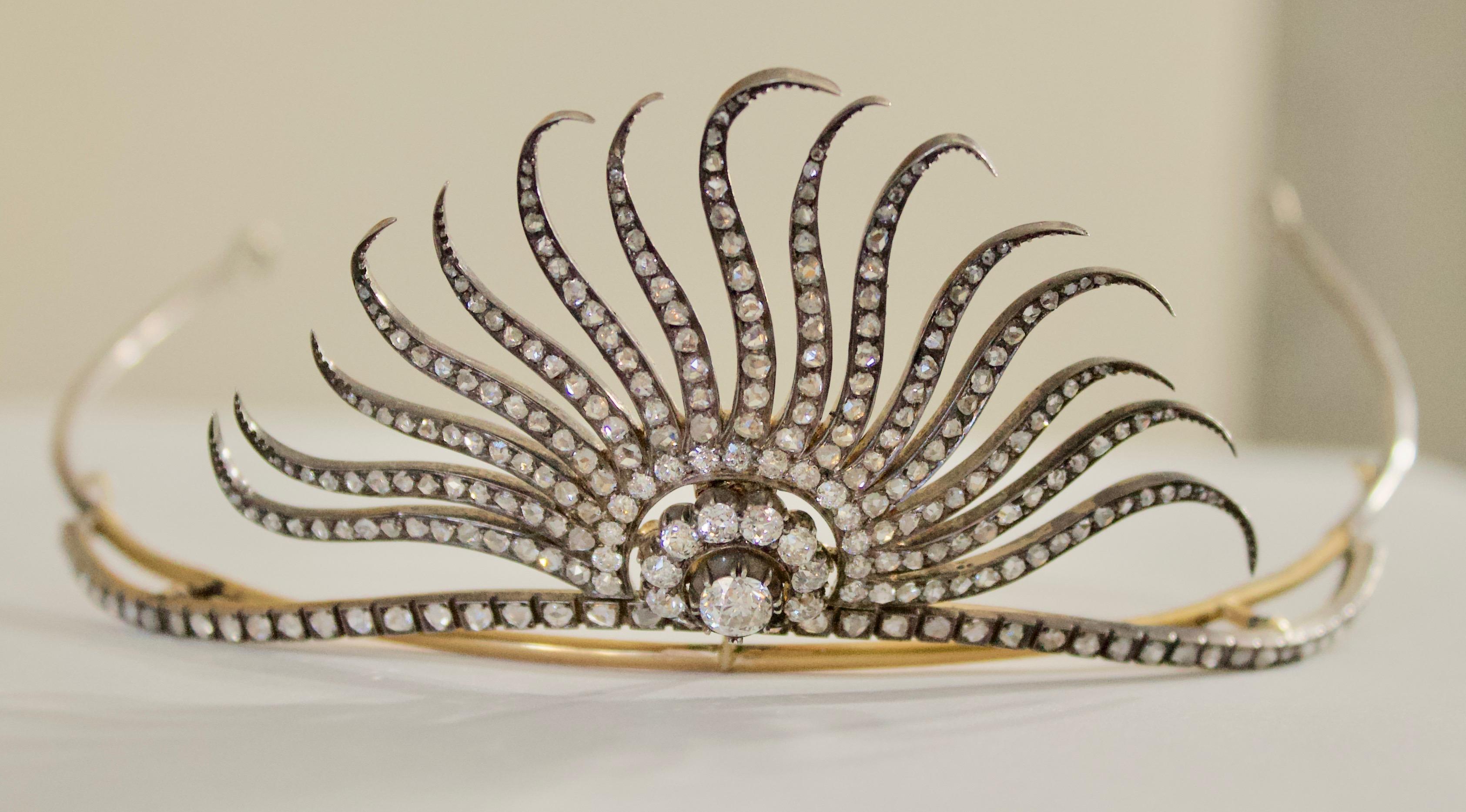 Old Mine Cut Diamond Tiara in Yellow Gold and Silver 7.10 Carat circa 1890 for Royalty Only