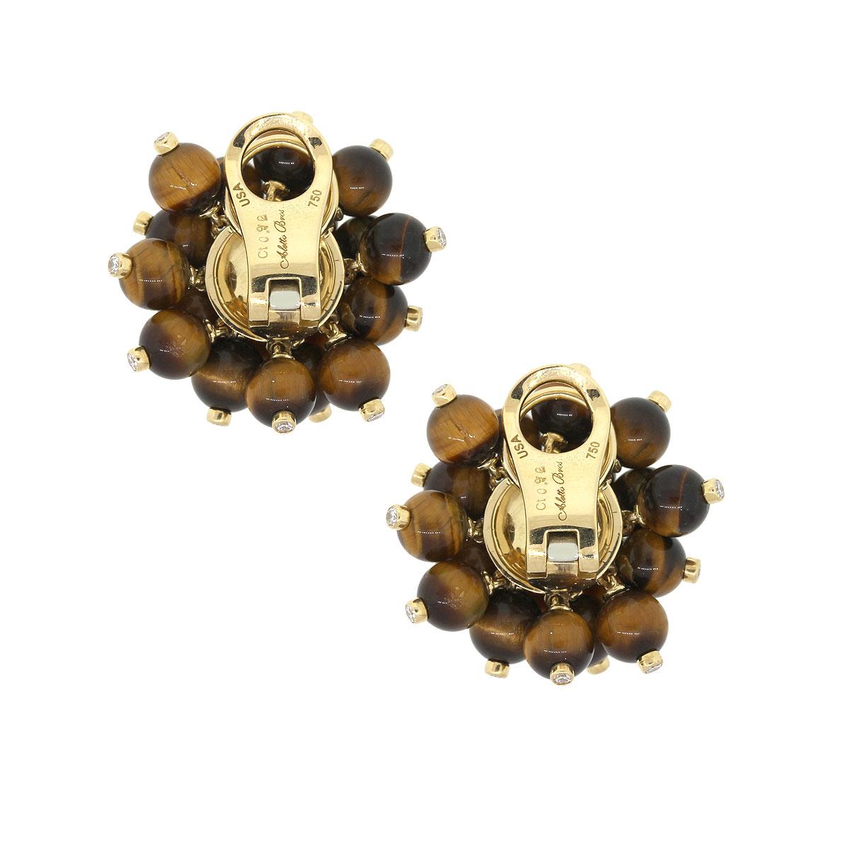 Round Cut Diamond Tiger’s Eye Bead Cluster Earrings