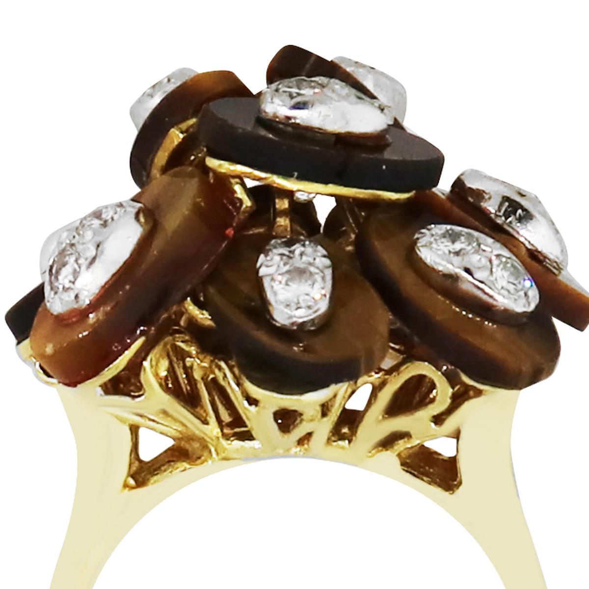 Diamant-Ring im Blumenstil mit Tigerauge-Diamant Damen im Angebot