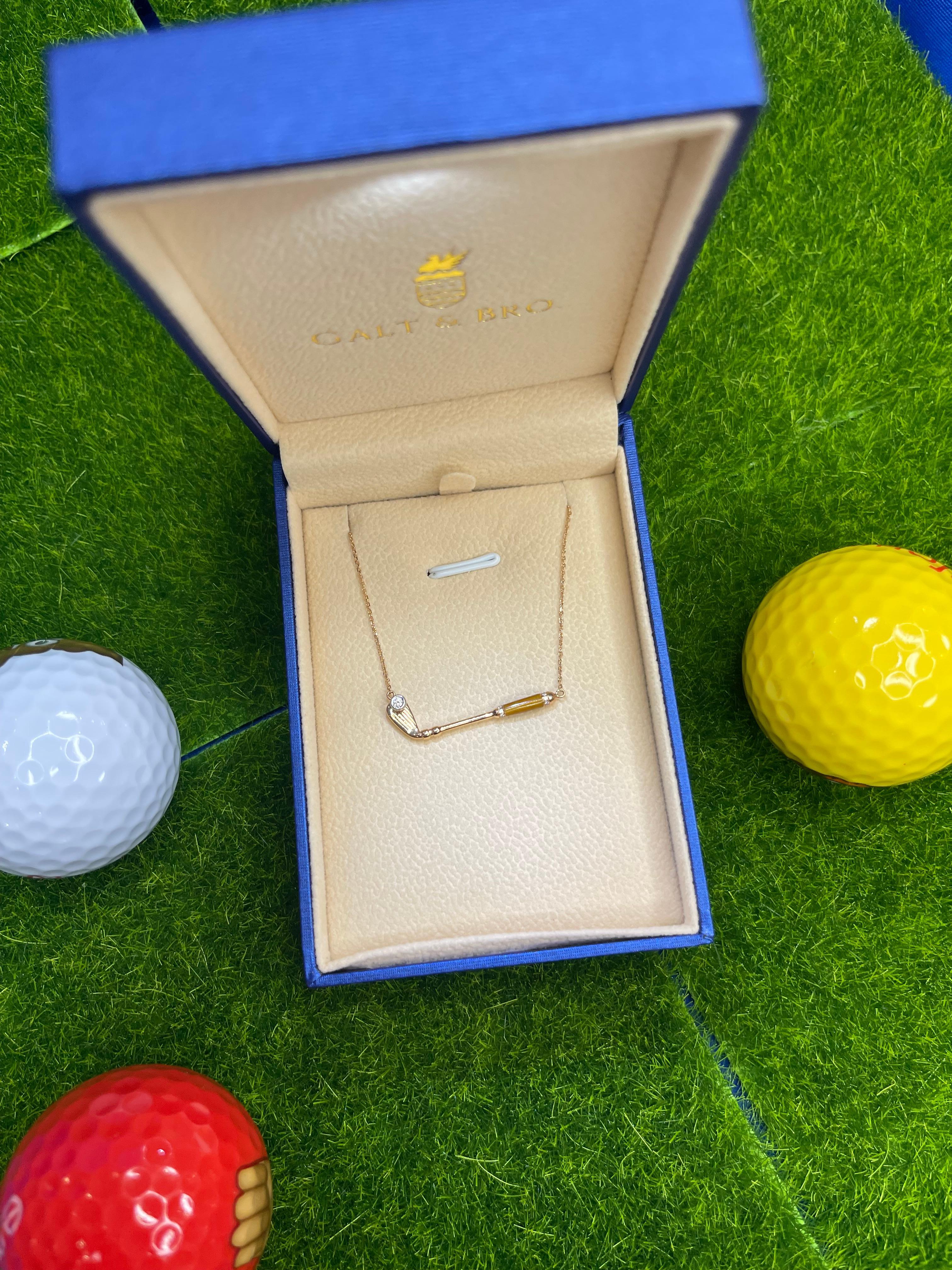 Diamond Tiger's Eye Golf Club Birdie Charm 18 Karat Yellow Gold Necklace Pendant For Sale 3