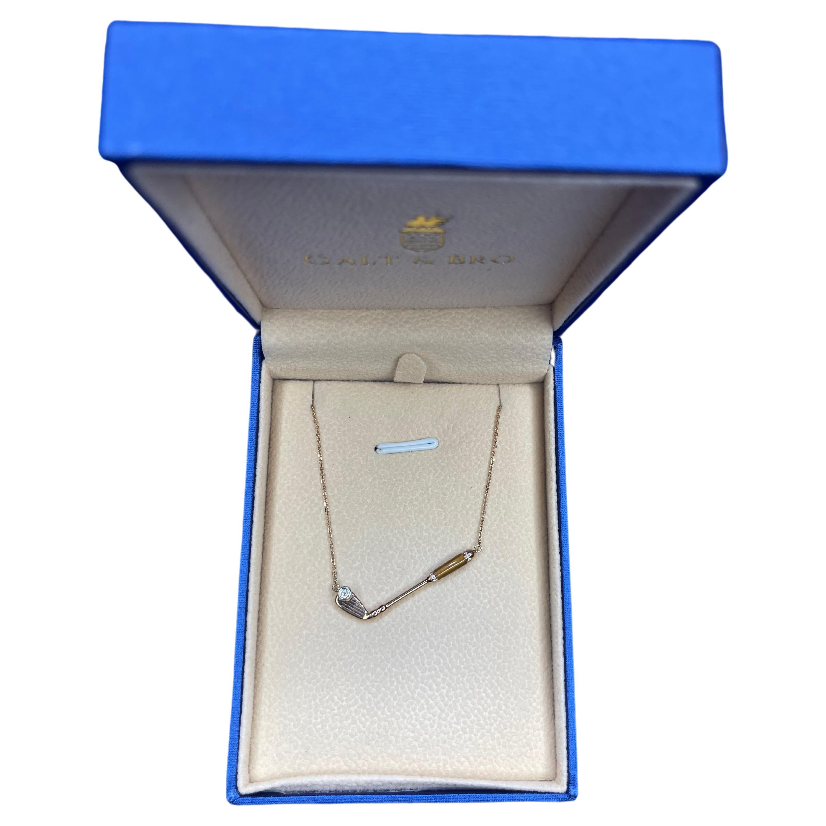 Diamond Tiger's Eye Golf Club Birdie Charm 18 Karat Yellow Gold Necklace Pendant For Sale 2