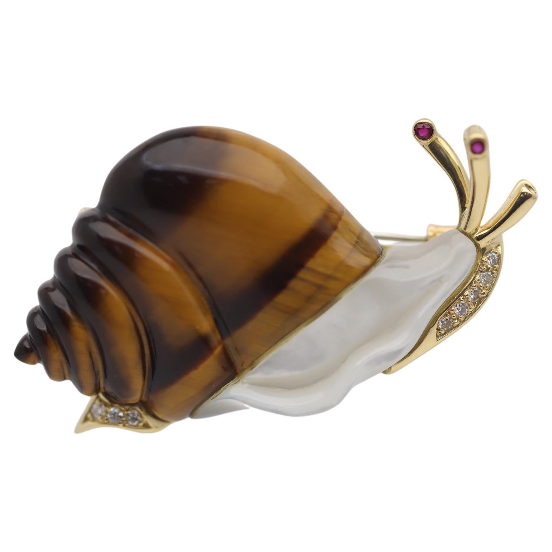 Diamond Tigers-Eye Mother-of-Pearl Gold Snail Brooch For Sale