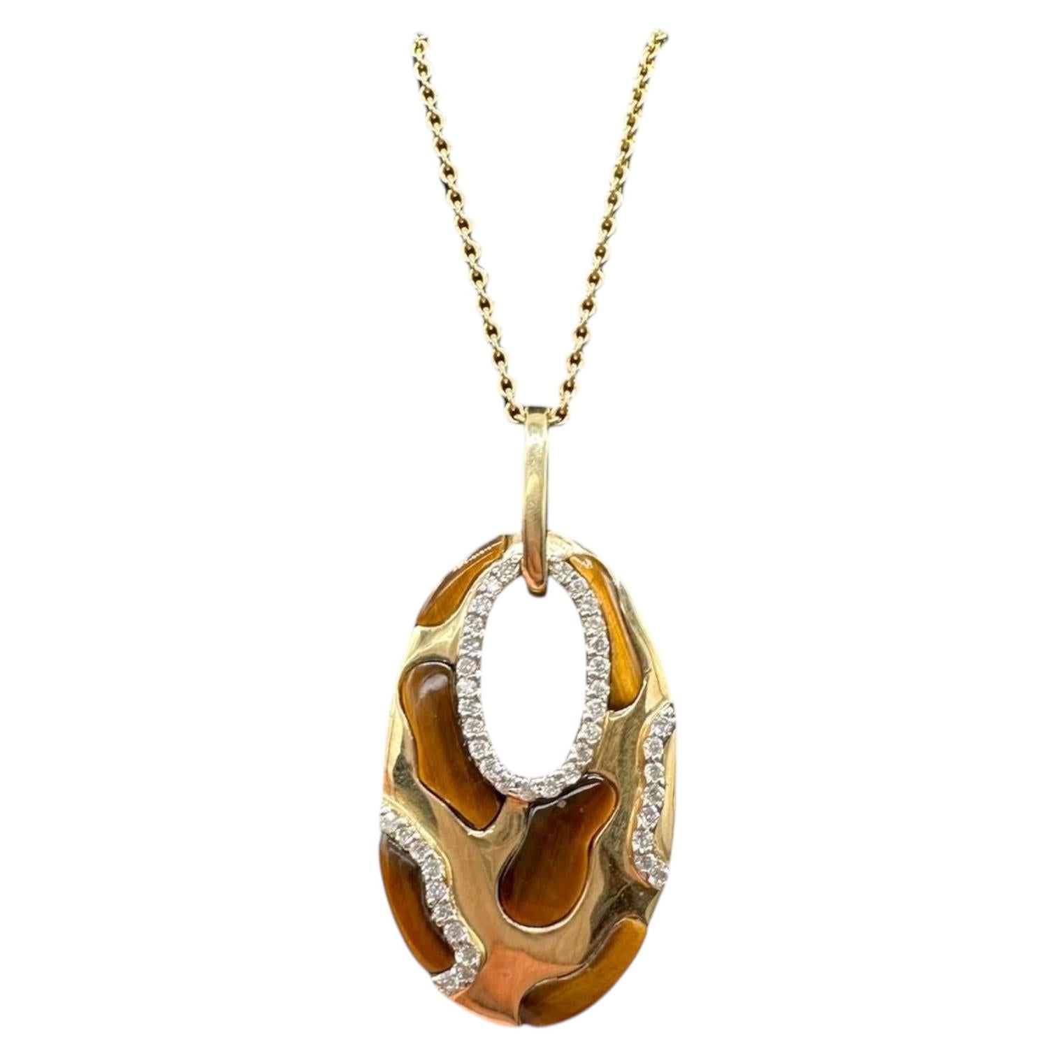 Diamond Tigers Eye Pendant Necklace 14kt Yellow Gold 0.25ctw Estate