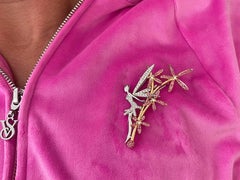 Diamond Tinker Bell & Pink Sapphire Flowers Pendant/Brooch in 18k White Gold