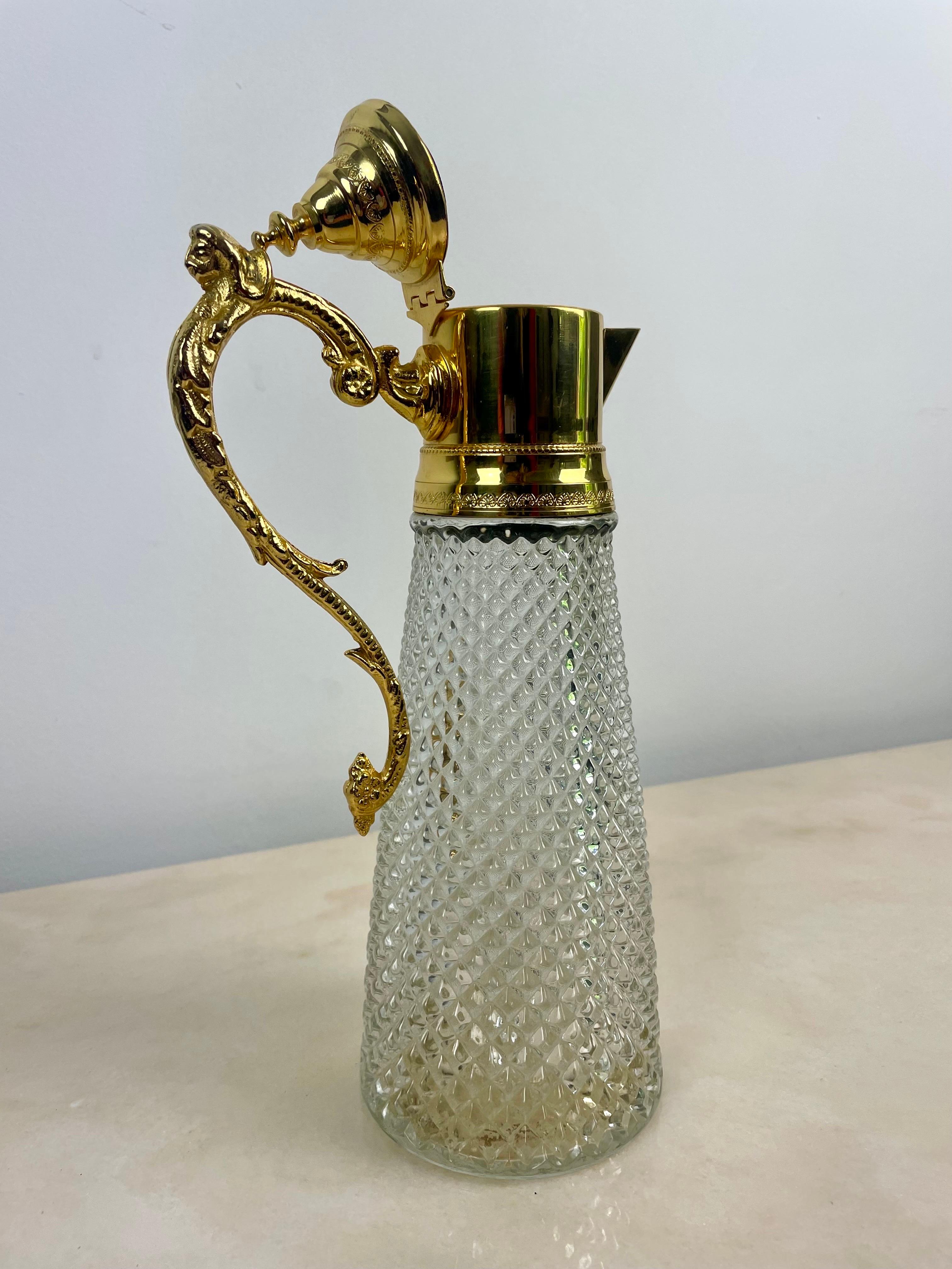 Italian Diamond Tip Crystal and Gilt Metal Jug Ewer - Carafe - Italy 1930s Art Deco For Sale