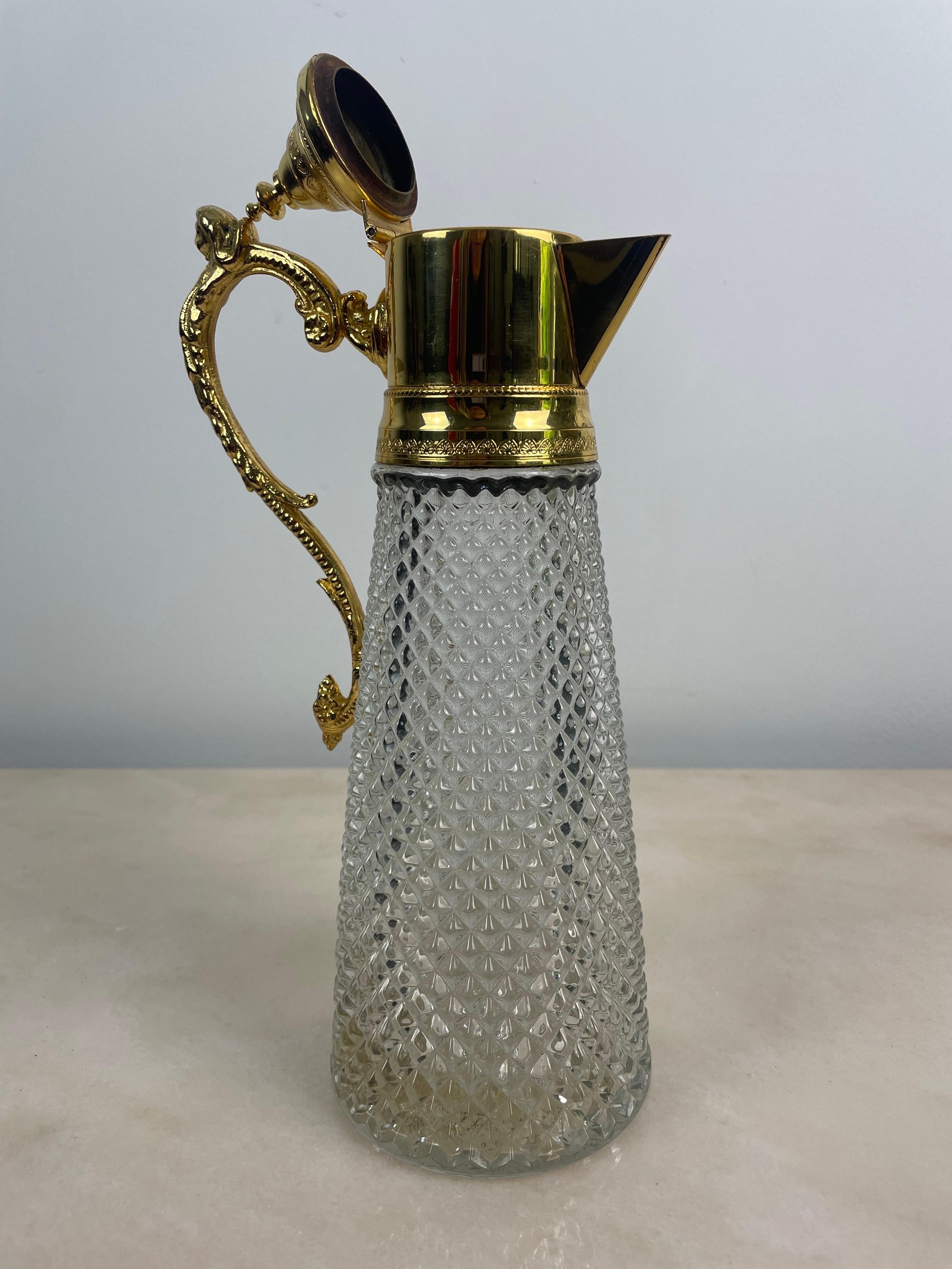 Diamond Tip Crystal and Gilt Metal Jug Ewer - Carafe - Italy 1930s Art Deco In Good Condition For Sale In Beuzevillette, FR