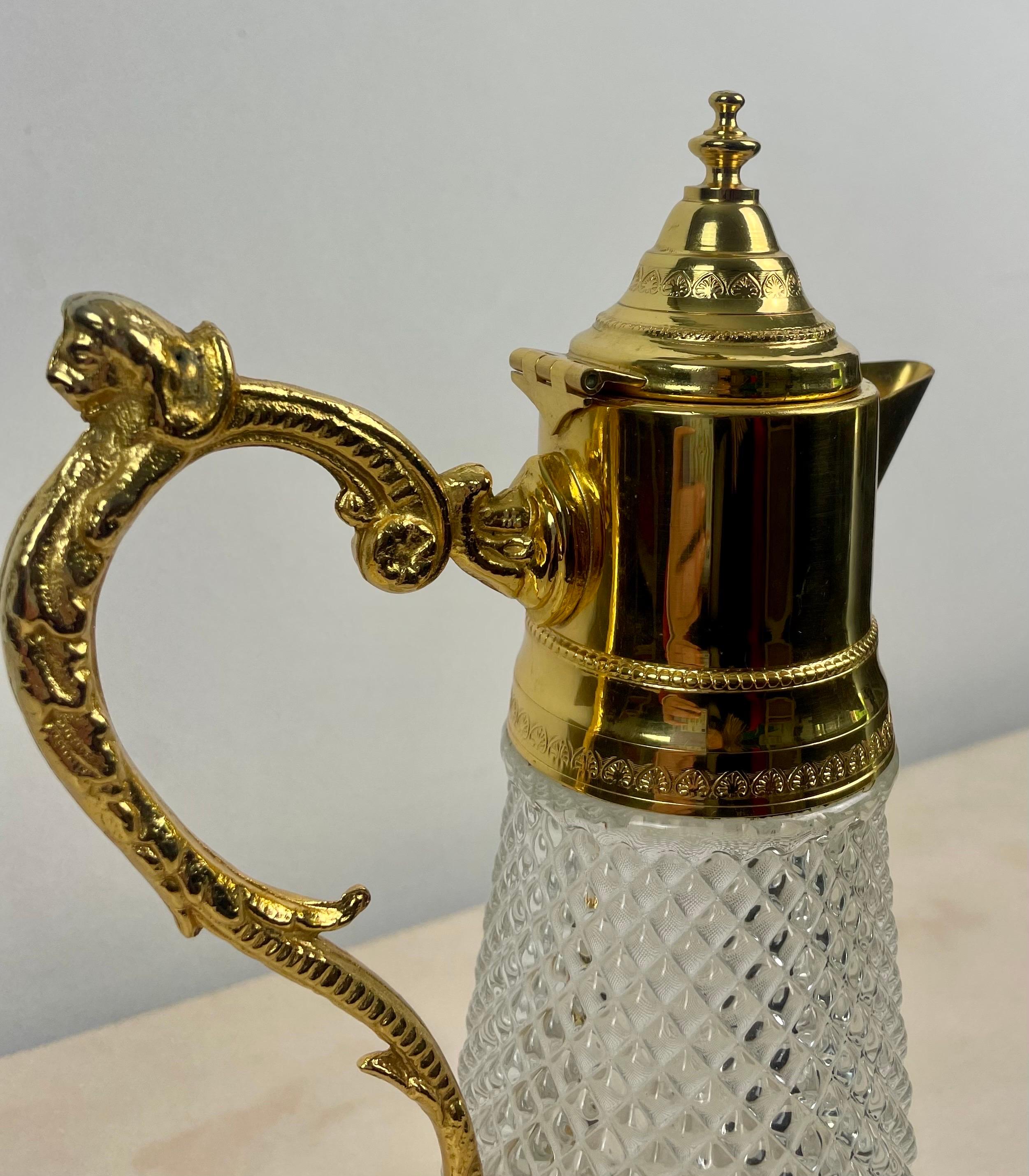Early 20th Century Diamond Tip Crystal and Gilt Metal Jug Ewer - Carafe - Italy 1930s Art Deco For Sale