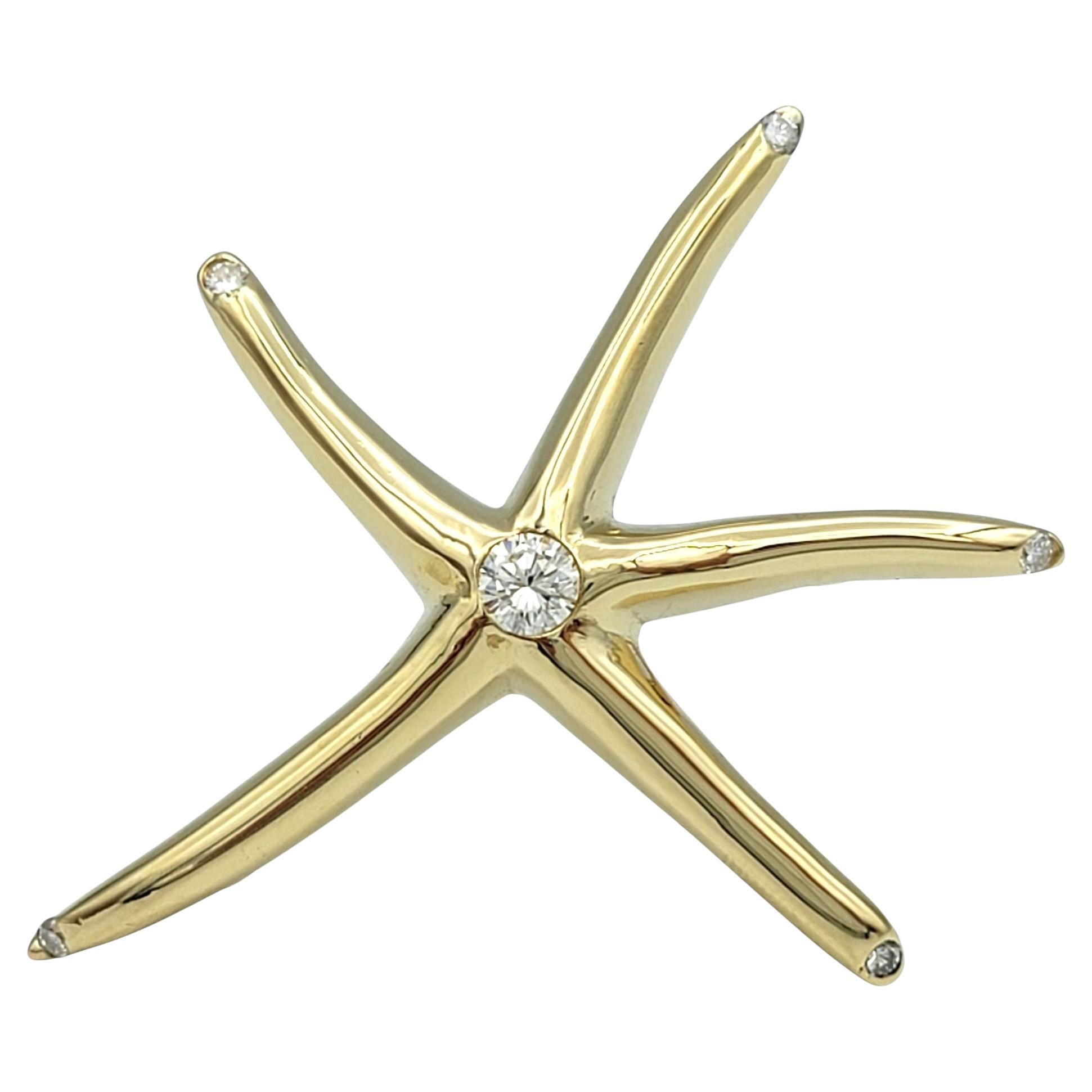 Diamond Tipped Starfish Brooch Pin in Polished 14 Karat Yellow Gold