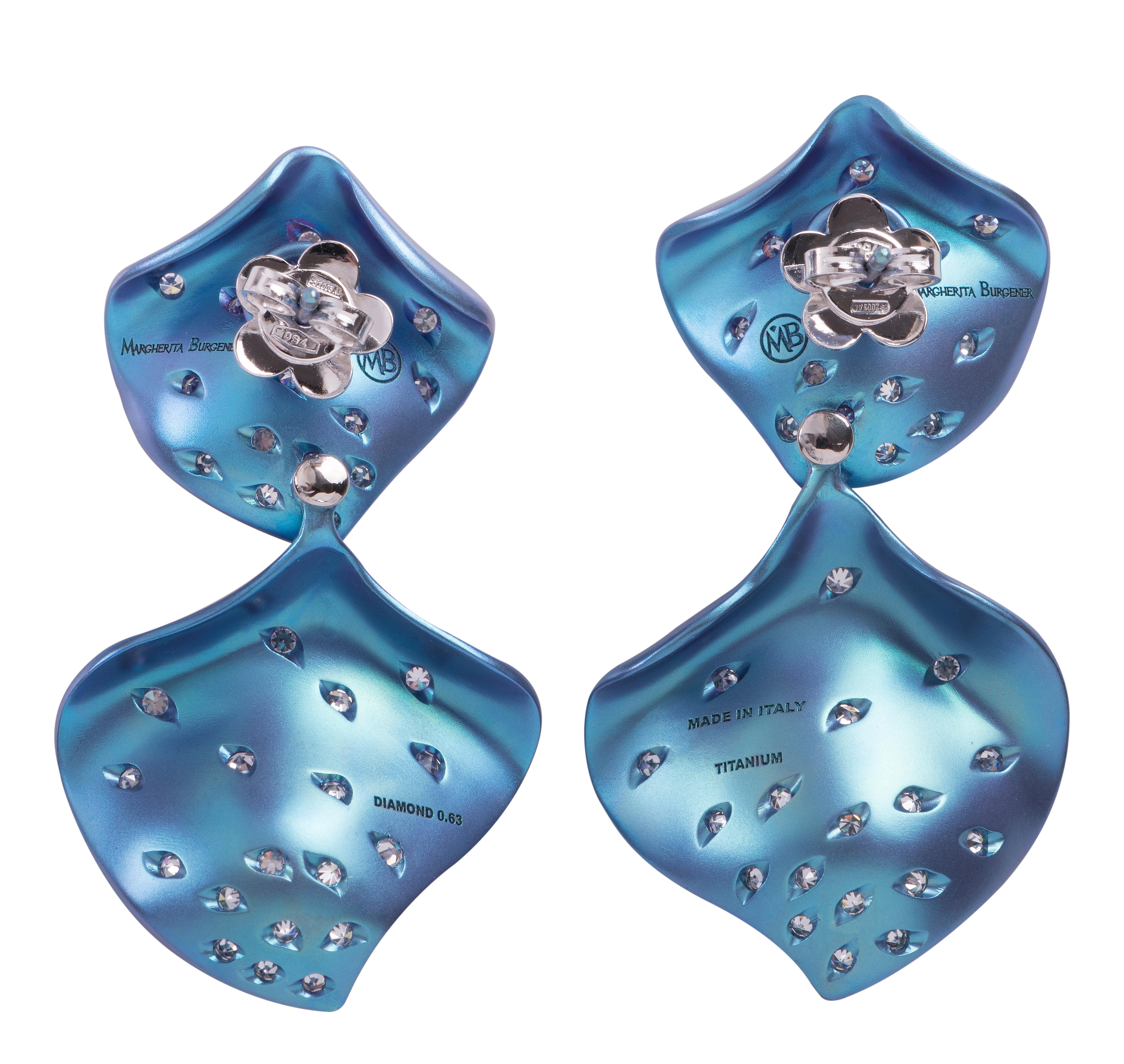 Round Cut Diamond Titanium 18KT White Gold Handmade in Italy double Petal Earrings For Sale
