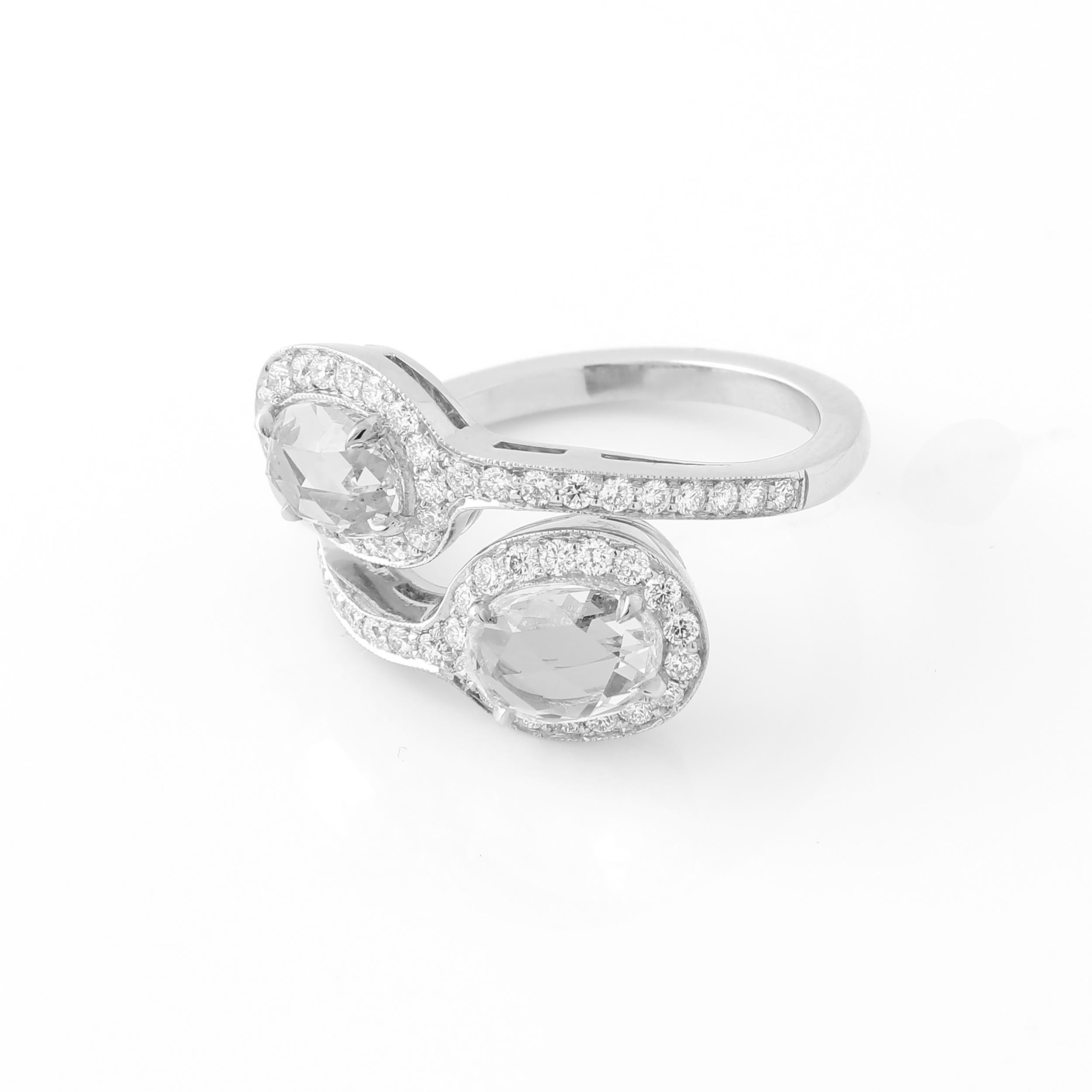 Modern Diamond Toi Et Moi Bypass Ring with 1.95 Carat D/E VVS Oval Rose Cut Pair For Sale