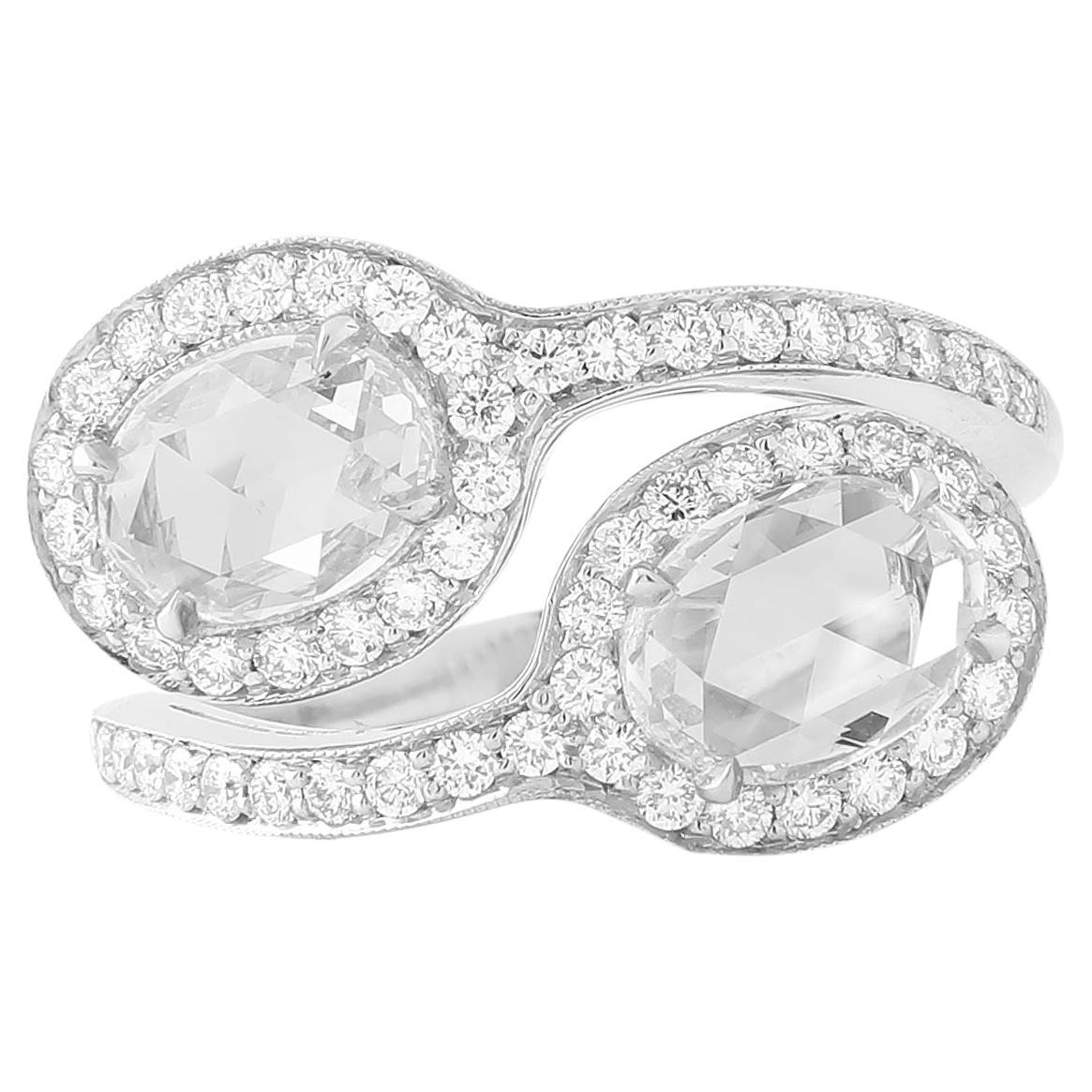 Diamond Toi Et Moi Bypass Ring with 1.95 Carat D/E VVS Oval Rose Cut Pair For Sale