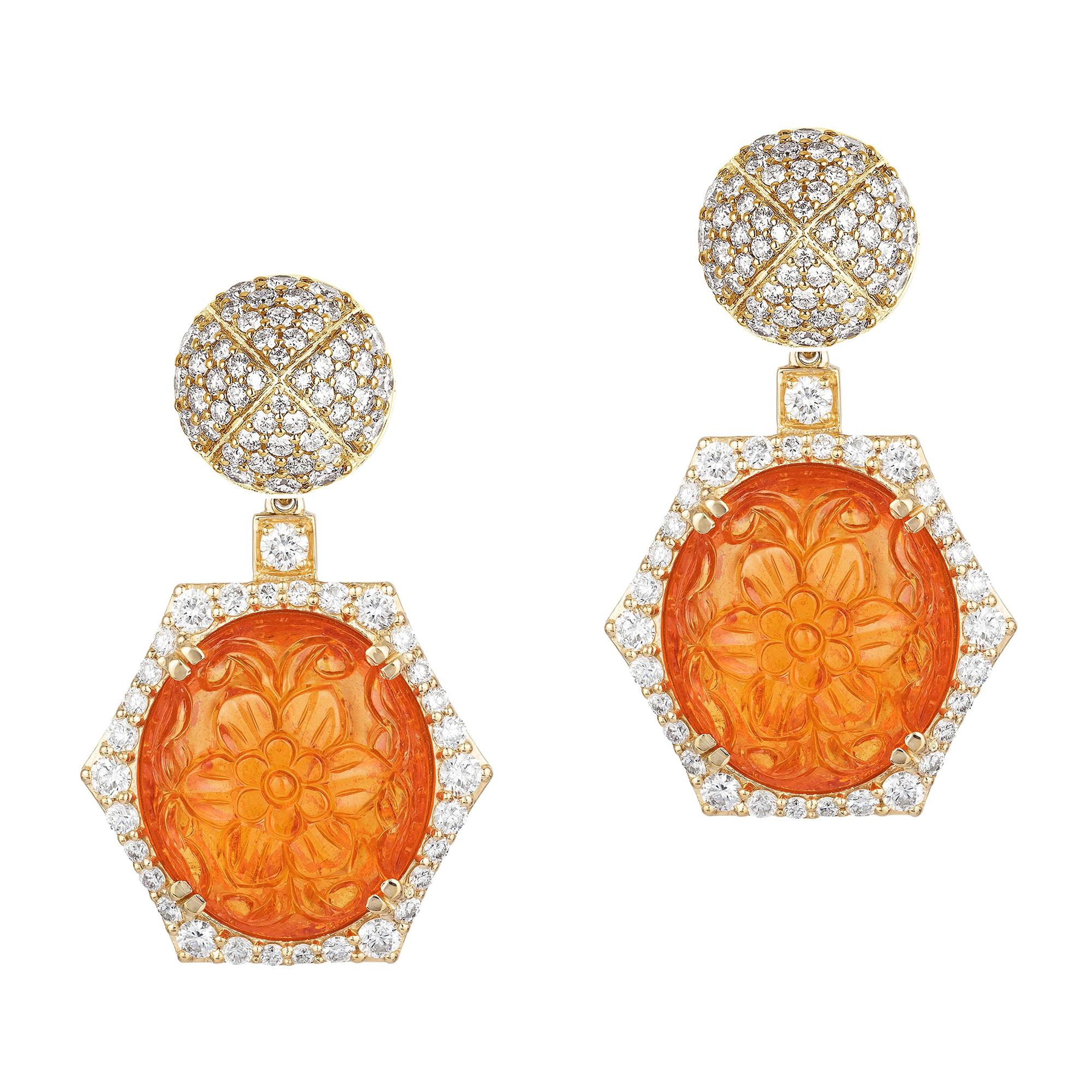 Goshwara Carved Mandarin Garnet And Diamond Top Earrings