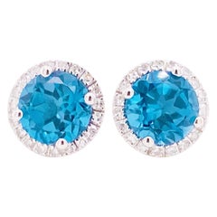 Diamant-Topas-Ohrringe, Londoner Blautopas-Diamant-Halo, 14K Gold 2 Karat Ohrstecker