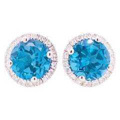 Diamond Topaz Earrings, London Blue Topaz Diamond Halo, 14K Gold 2 Carat Studs