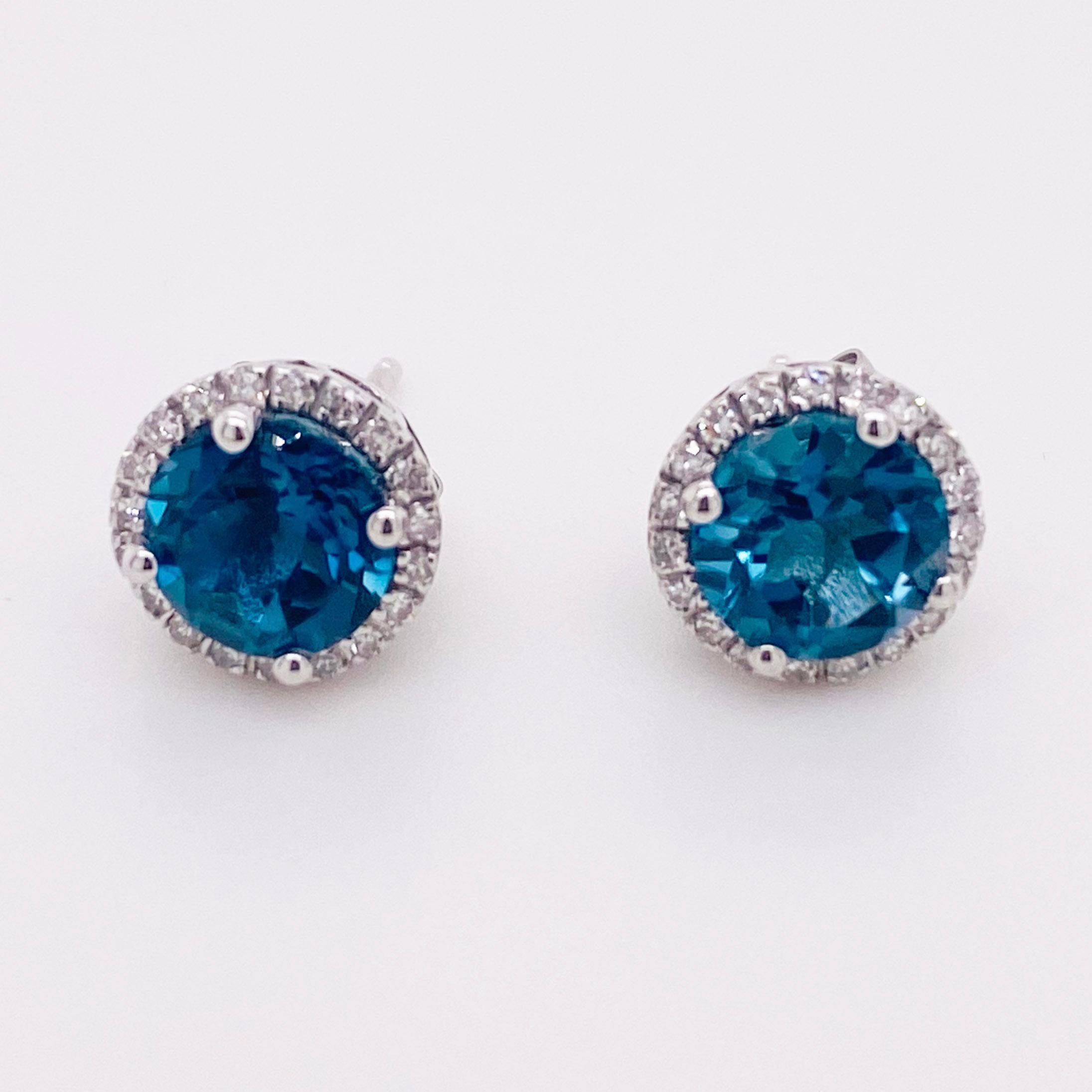 Diamant-Topas-Ohrringe, Londoner Blautopas-Diamant-Halo, 14K Gold 2 Karat Ohrstecker (Rundschliff)