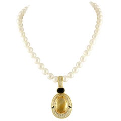 Goldhalskette, Diamant Topas Saphir Perlen Gold