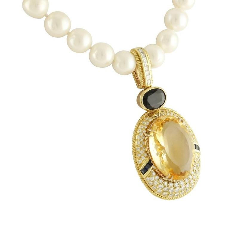 Oval Cut Diamond Topaz Sapphire Beaded Gold Necklace For Sale