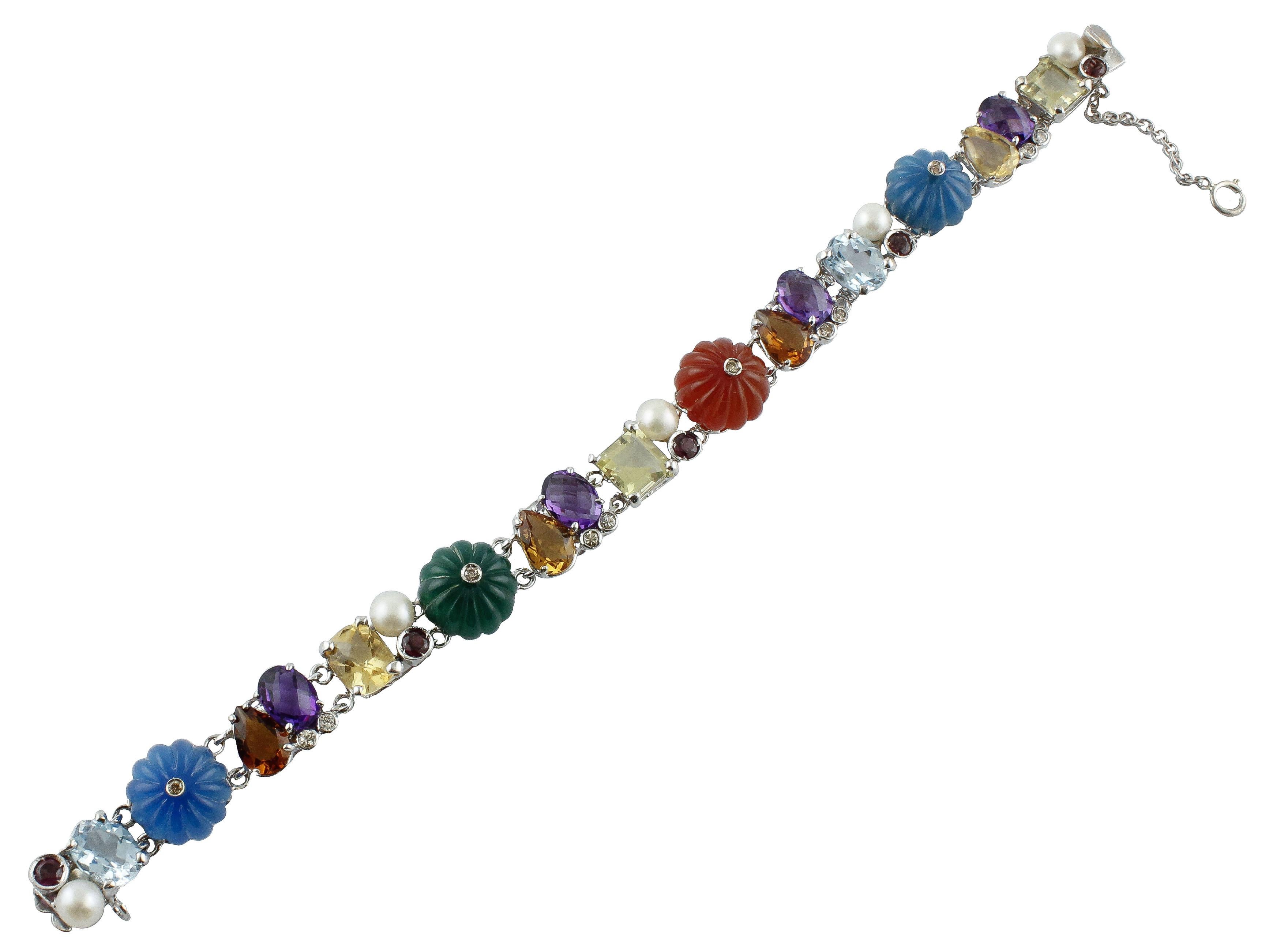 Diamond Tormaline Citrine Amethyst Topaz Carnelian Agate Pearls Bracelet In Good Condition In Marcianise, Marcianise (CE)