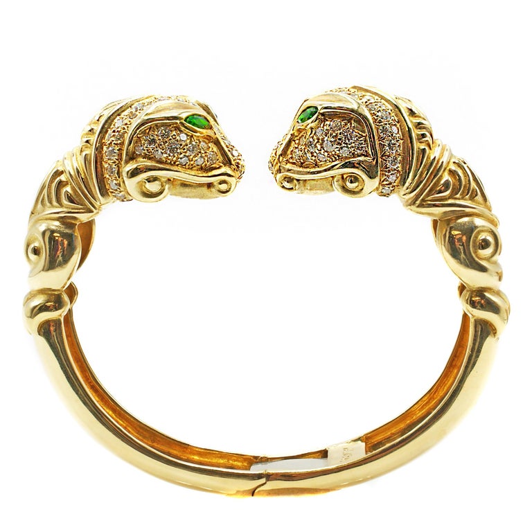Diamond Tourmaline 18 Karat Gold Snake Head Bangle Bracelet For Sale at